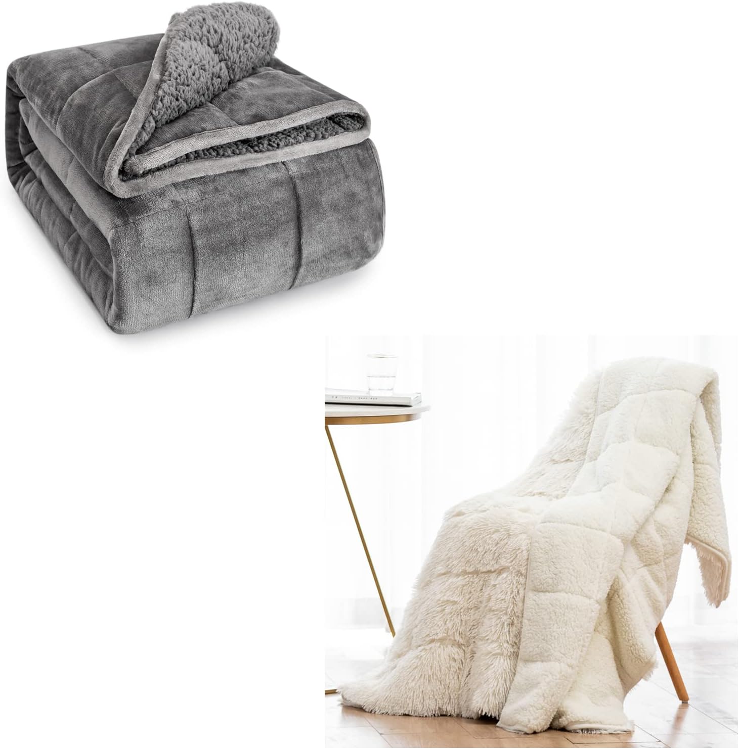 Wemore Sherpa Fleece Weighted Blanket for Adult Grey 60 x 80 Inches 20lbs with Shaggy Long Fur Faux Fur Weighted Blanket 48 x 72 Inches 15lbs Cream White