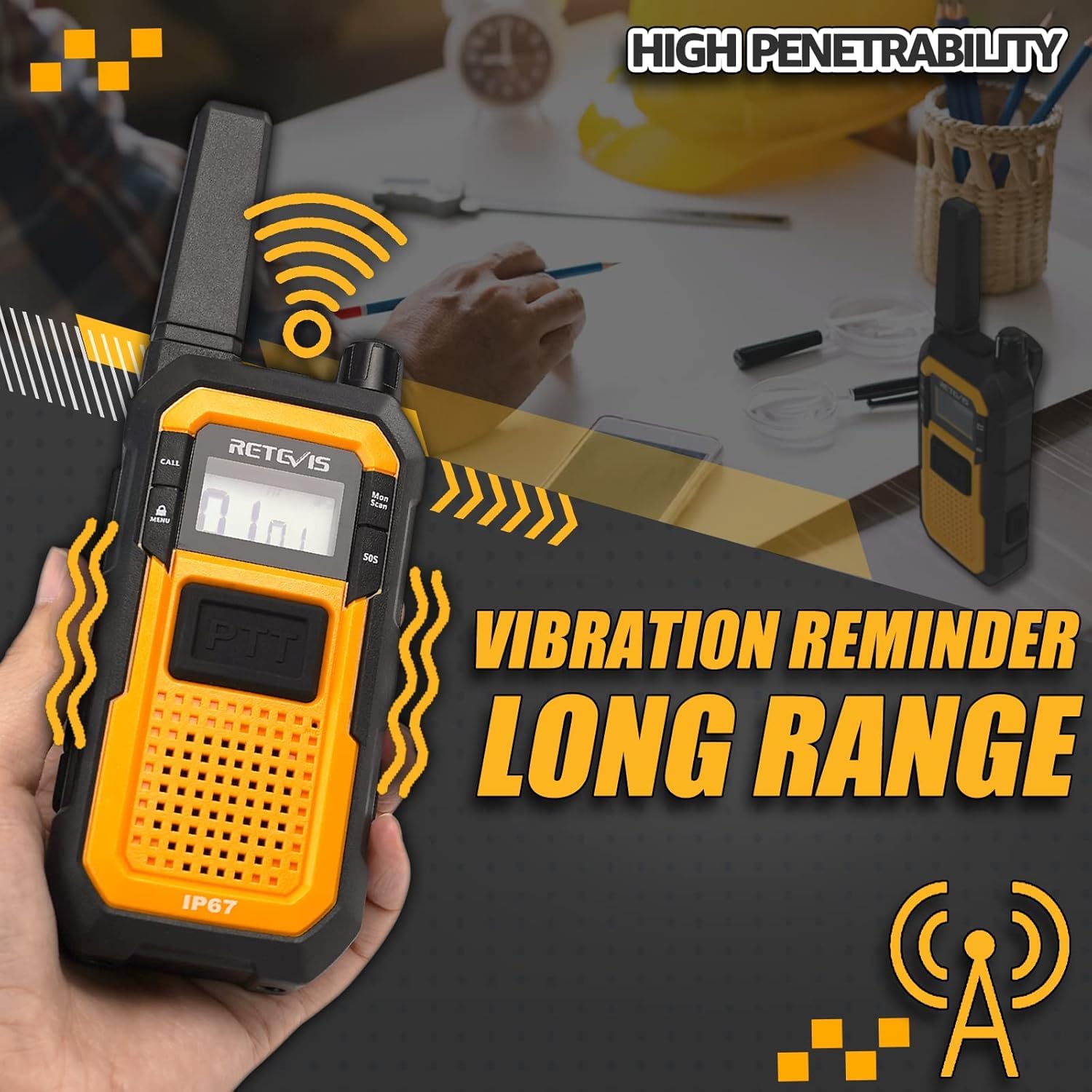 Retevis RB648 Talkie Walkie, Imperméable Radio Bidirectionnelle Longue Portée IP67, Anti-Chute, Anti-poussière, PMR446, Double PTT, 2000mAh, Talkies-Walkies pour Agriculture (2 Pièces, Jaune)