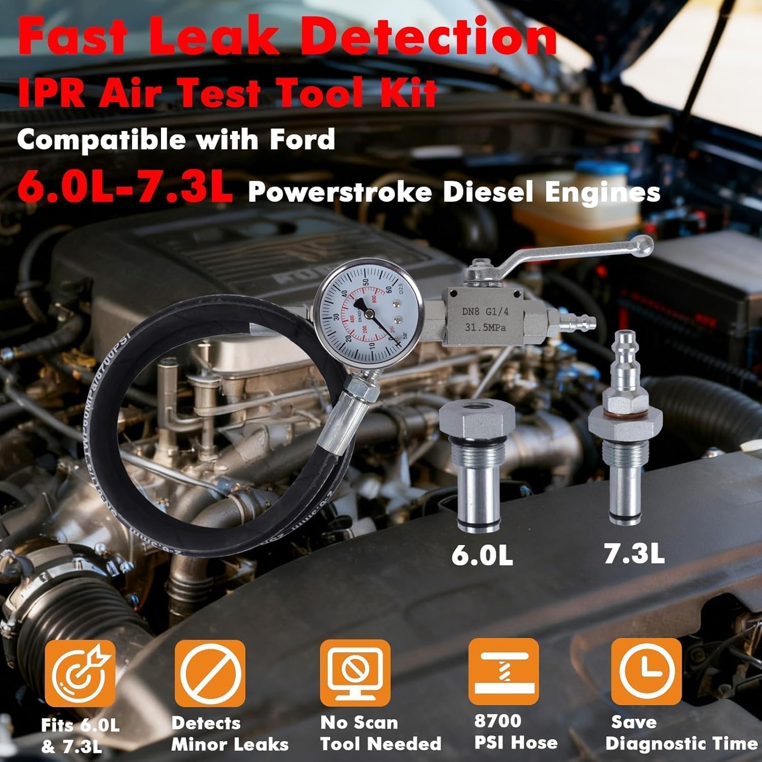 IPR Air Test Tool Special Kit Compatible with Ford 6.0L-7.3L Powerstroke Diesel Engines, High Oil Pressure Tester Kit with IPR Valve Air Test Fitting & Gauge