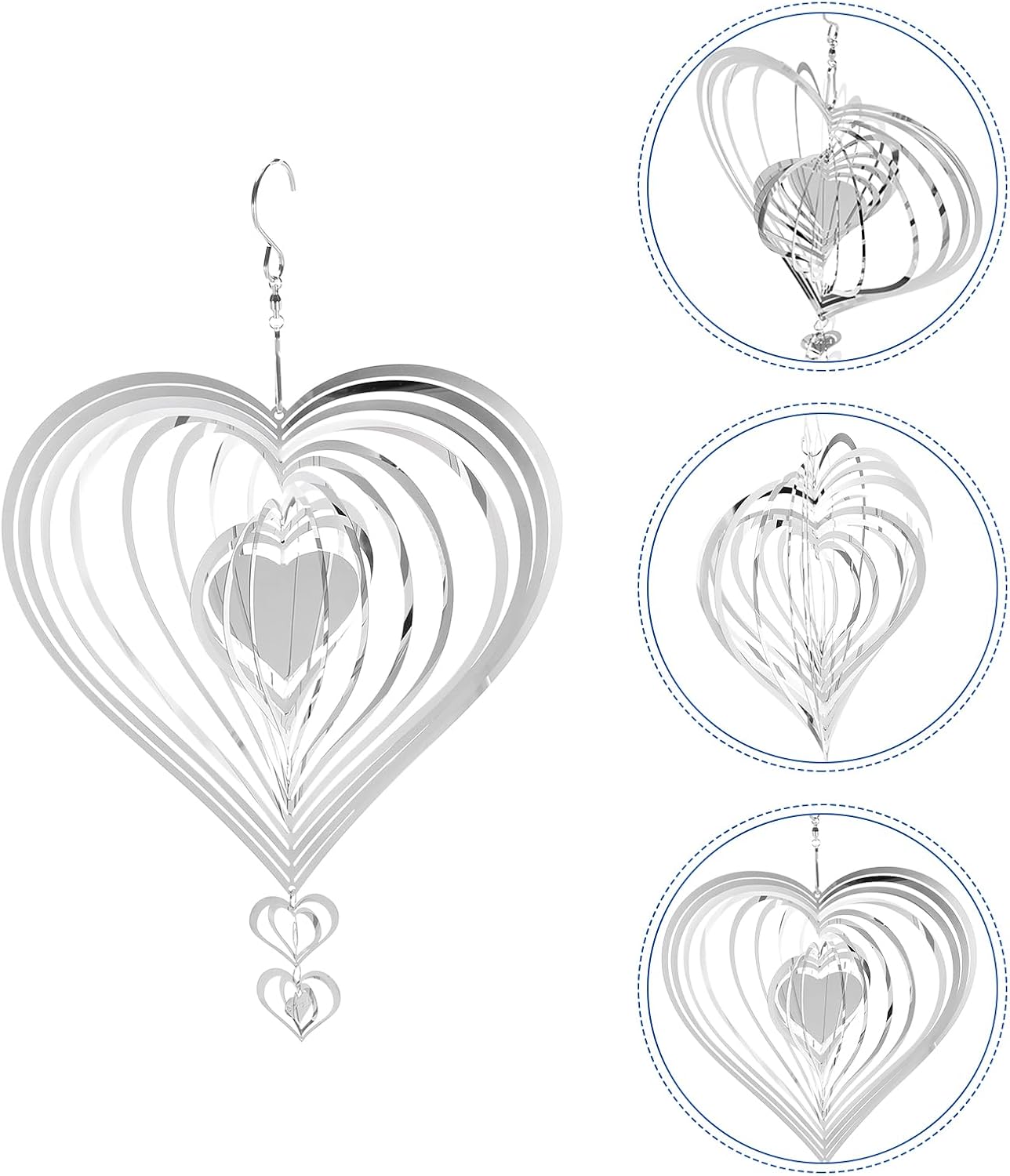 HARFINGTON Wind Spinner Heart-Shaped 9.84" x 15.75" Stainless Steel Reflectors Wind Chimes for Outdoor Devices Metal Decorations Keep Birds Away Yard Garden, Silver Tone