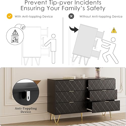 Miniatura 4 de Masupu Cómoda de 6 cajones, moderna cajonera, cómoda de almacenamiento ancha con patas de metal, cómoda para dormitorio, sala de estar, armario,