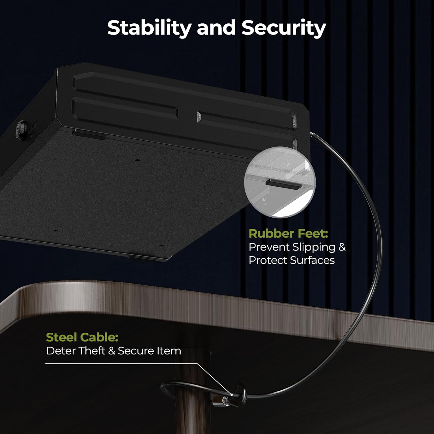 ONNAIS gun safe secured to a table leg with a steel security cable.