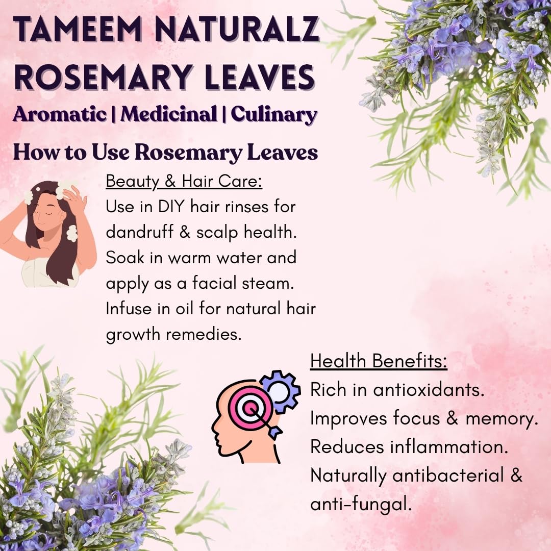 TAMEEM NATURALZ Dried Rosemary Leaves | Pure Organic Rosemary for Hair Growth, Herbal Tea, Aromatherapy, Cooking & Skin Care | Natural Culinary Herb for Tea, Seasoning & Wellness (Premium Quality) - Image 2 thumbnail