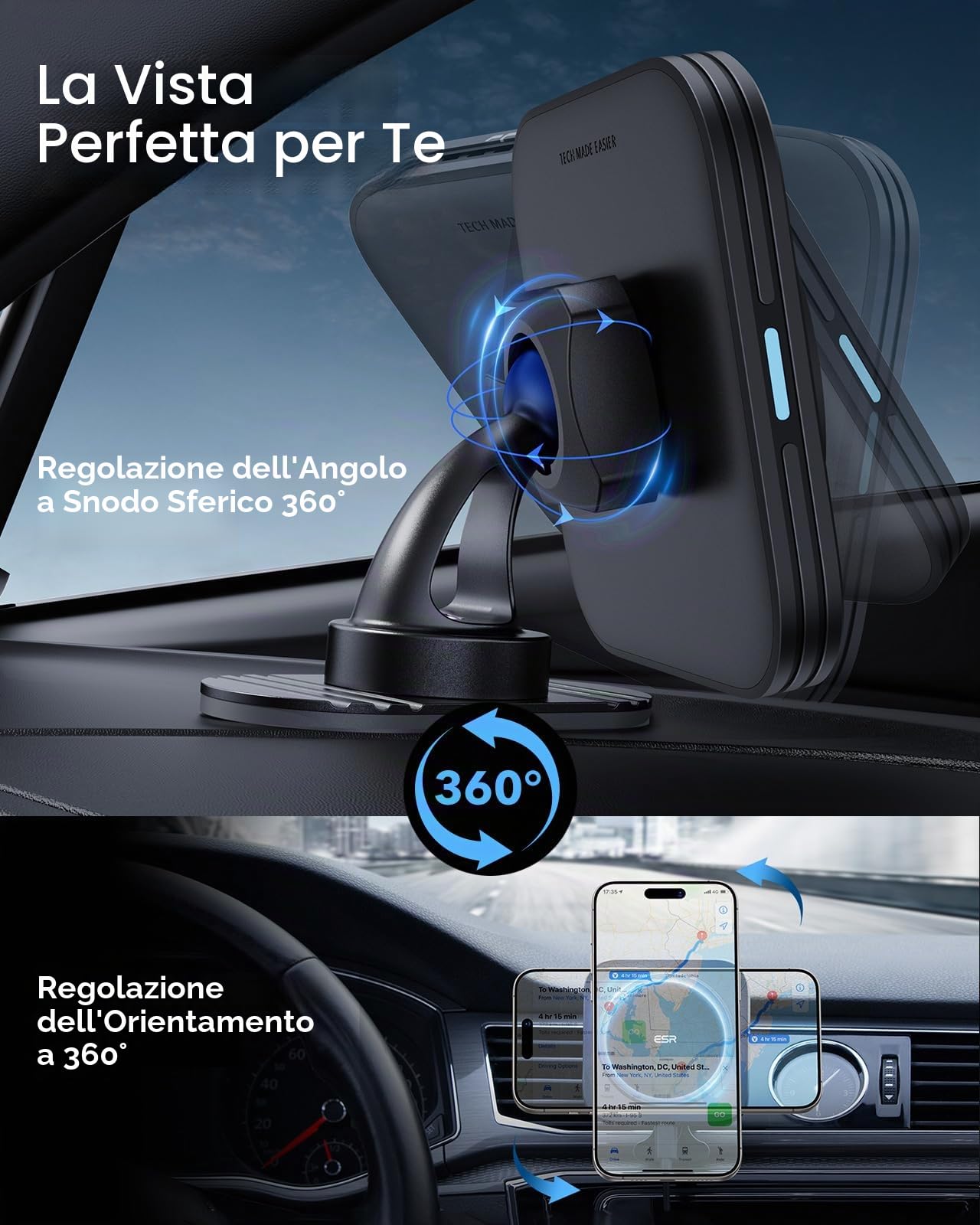 ESR Caricabatterie da Auto MagSafe, Caricatore Wireless Magnetico da 15W, Supporto per iPhone 17/17e/16/15/14/13/12, Galaxy S26/S25 Series, per Il cruscotto/Bocchetta dell'Aria,Ricarica Rapida, Nero