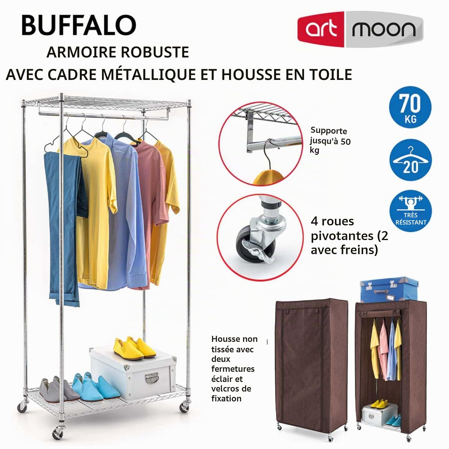 art moon Buffalo – Armoire Pliable Résistante avec roulettes, Jusqu'à 70kg, Portant avec Housse, Armoire en Tissu avec Étagères et Barre, 75x45x157cm
