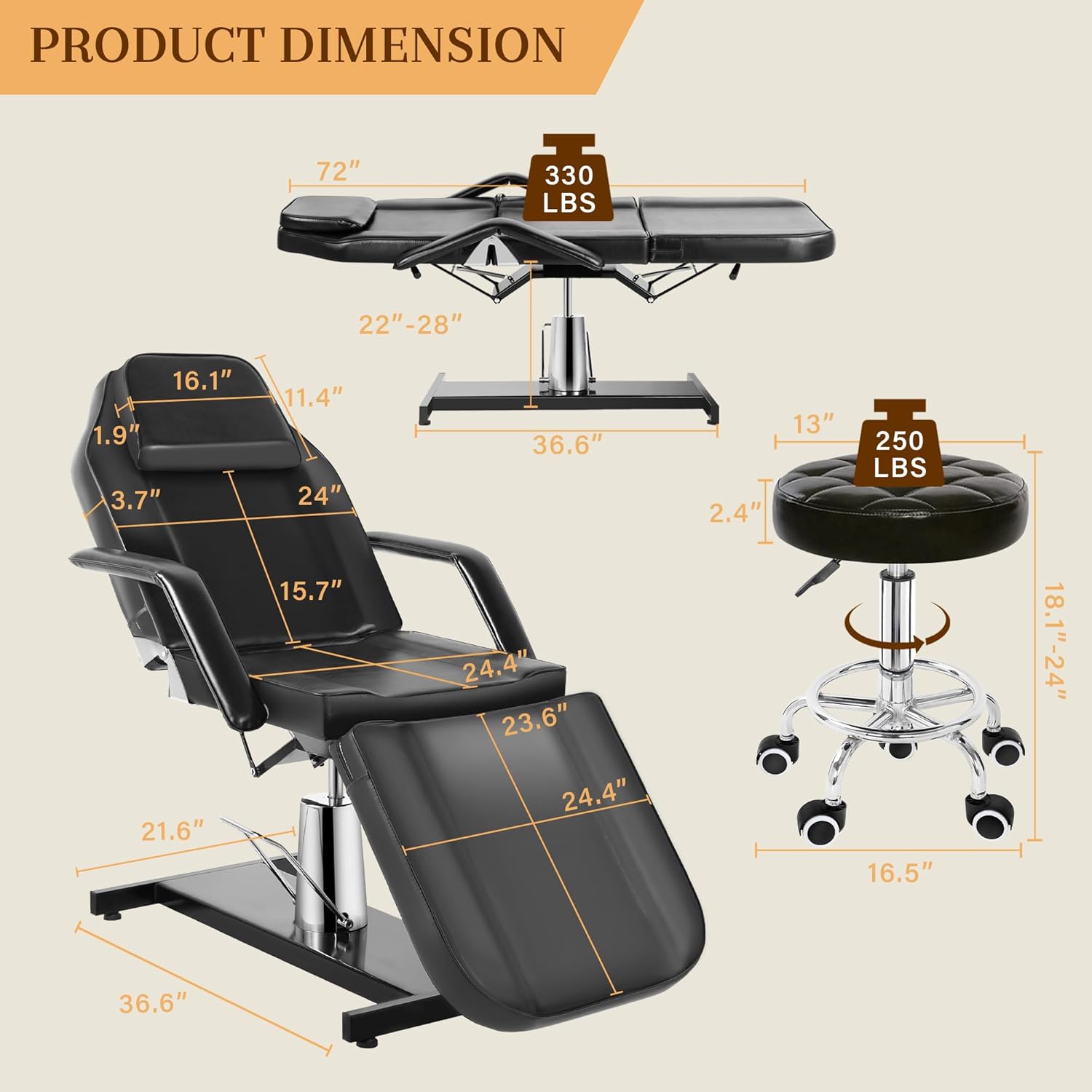 Hydraulic Facial Tattoo Chair for Client, Esthetician Lash for Bed with Hydraulic Rolling Stool, 360° Swivel Adjustable Headrest Artist Massage Table Beauty Salon Spa Equipment, Black