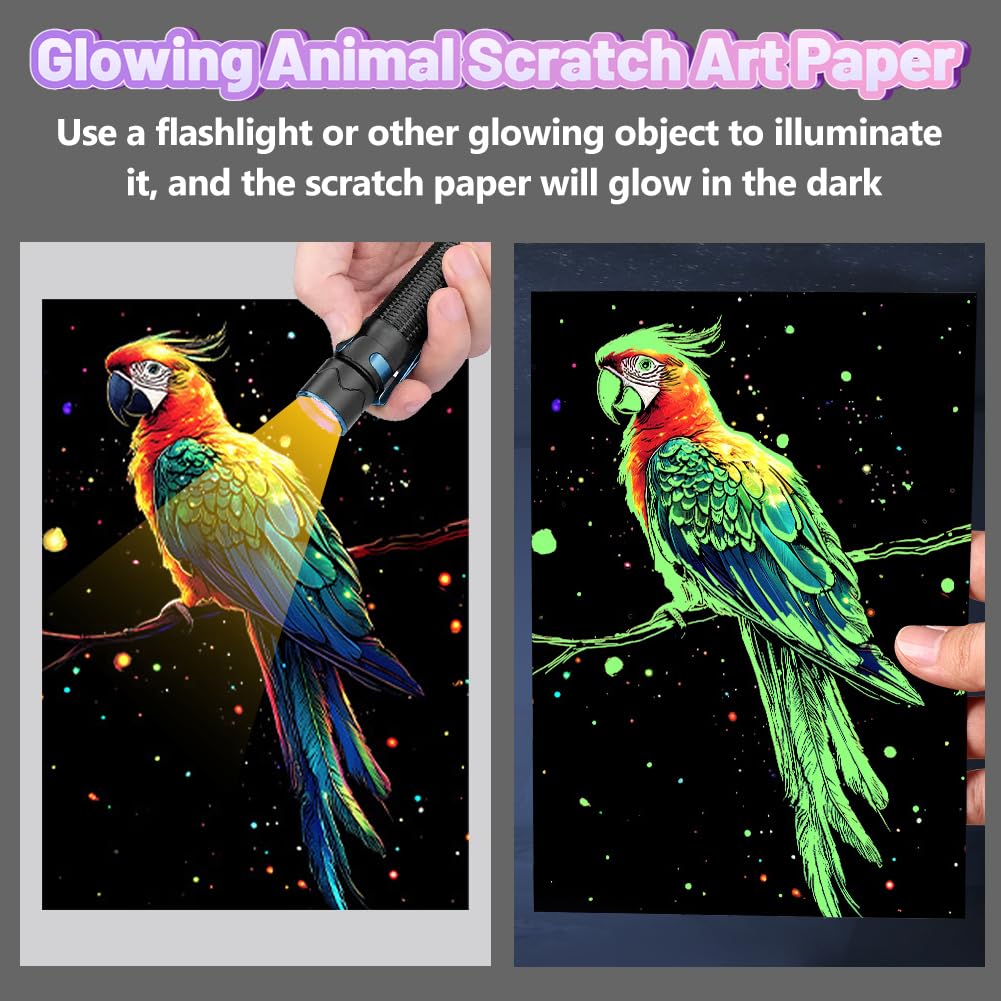SwirlColor Scratch Art for Kids Adults 8Pcs, Glowing Animal Scratch Art Paper Colour Engraving Scraping Painting with 5pcs Tools - Image 3
