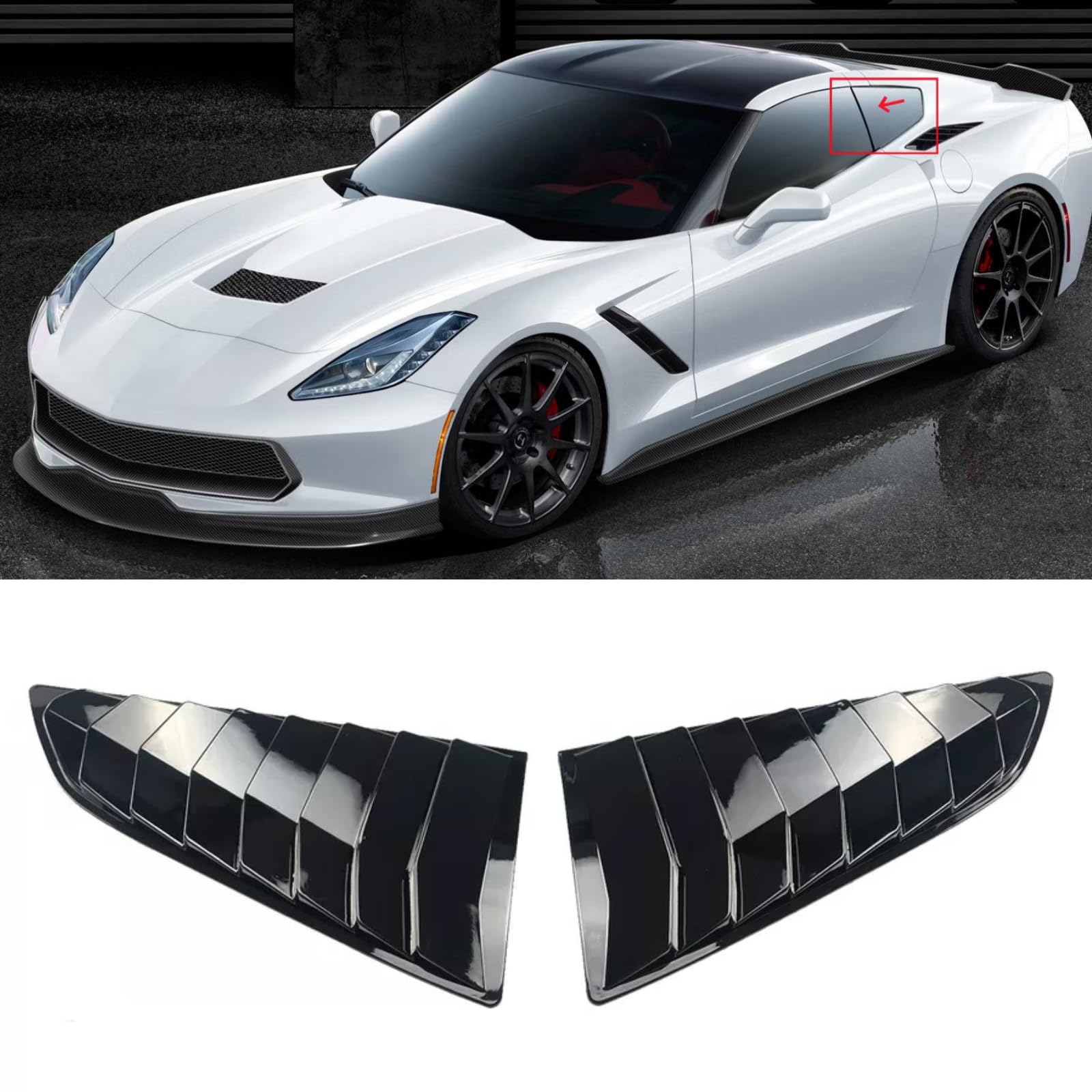 sosega Rear Window Louvers Scoop Cover Vent 2Pcs for Corvette C7 2014-2019 Sides Window Vents Sun Shade Guards (Glossy Black)