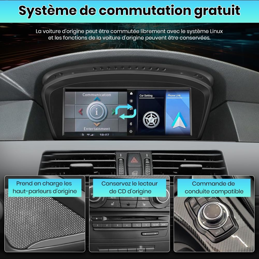 AWESAFE Linux Autoradio 8.8-inch touch screen installed in a BMW dashboard