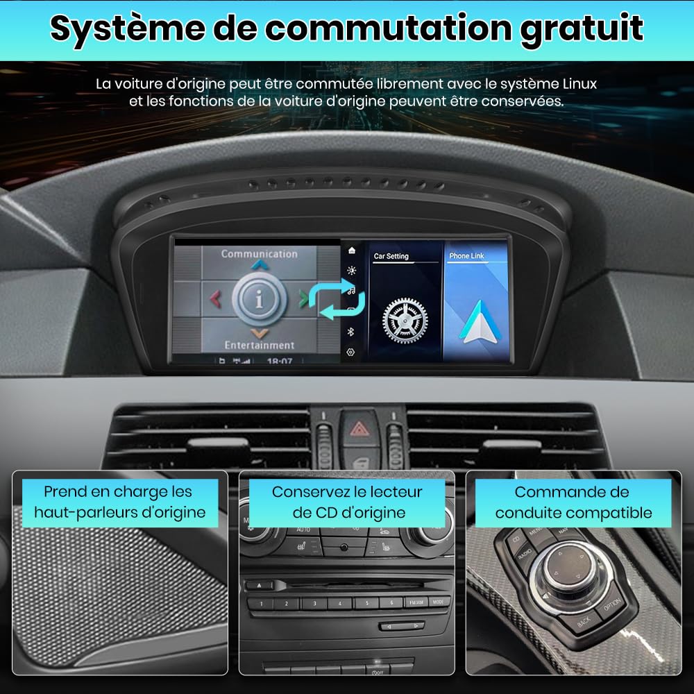 AWESAFE Linux Autoradio écran Tactile de 8,8 Pouces compatibles pour BMW Série 5, E60, E61, E63, E64, Série 3 E90, E91, E92, avec Carplay/Android Auto Bluetooth/USB/CCC système