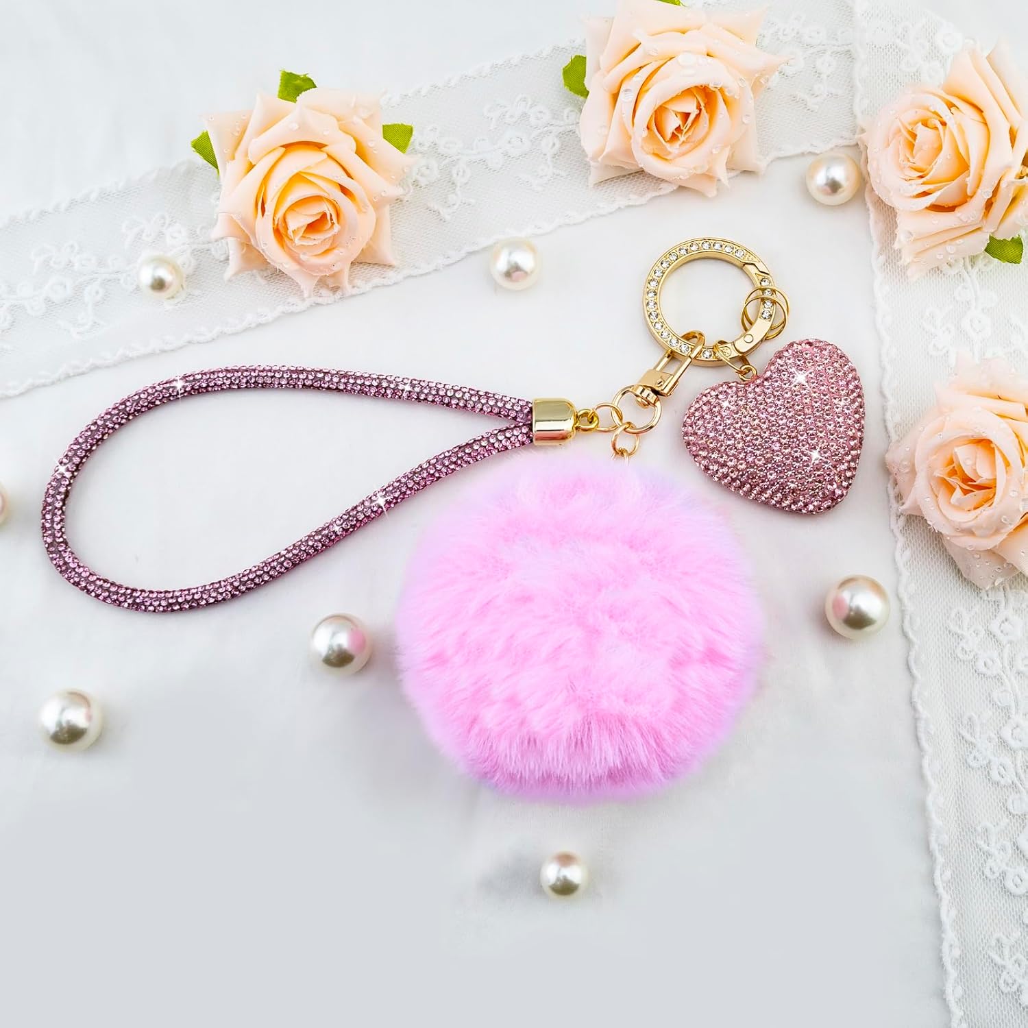 Cute Heart Keychains for Women & Girls, Bling Bag Charms with Wristlet Keys, Purse Charms for Handbags, Pompom Key Chain - Image 3