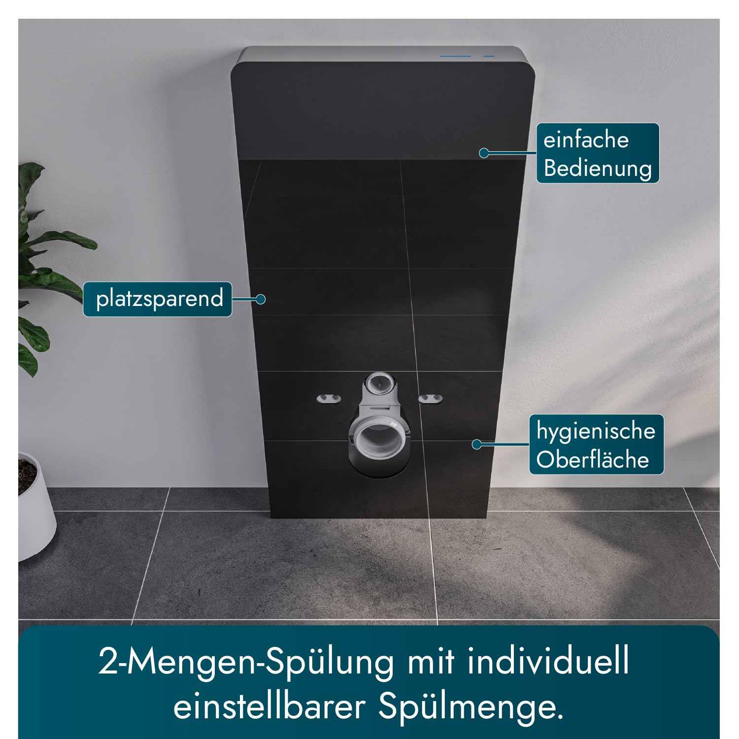 Bernstein Sanitärmodul 805S 1003 x 483 x 108 mm für Wand-WC in Schwarz mit Sensorsteuerung, 2-Mengen-Spülung, schwitzwasserisoliertem Spülkasten und ESG-Glasfront