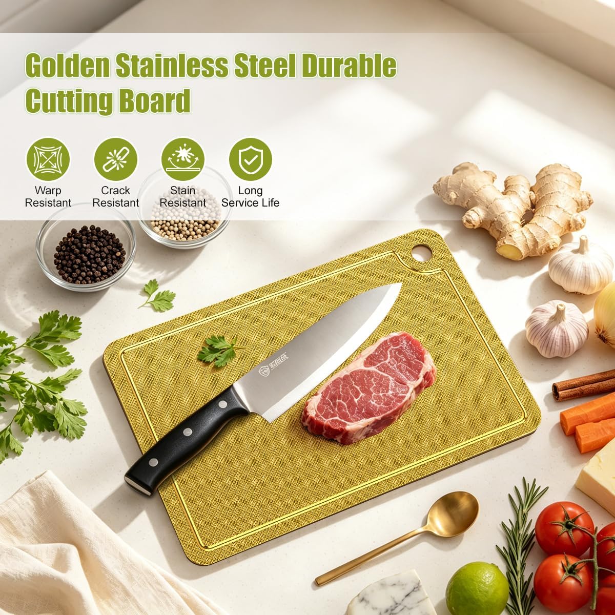 Titanium Cutting Board with Juice Groove, Gold Stainless Steel Chopping Board for Kitchen, Non-Slip & Easy-Clean Meat and Vegetable (13.4" x 9")