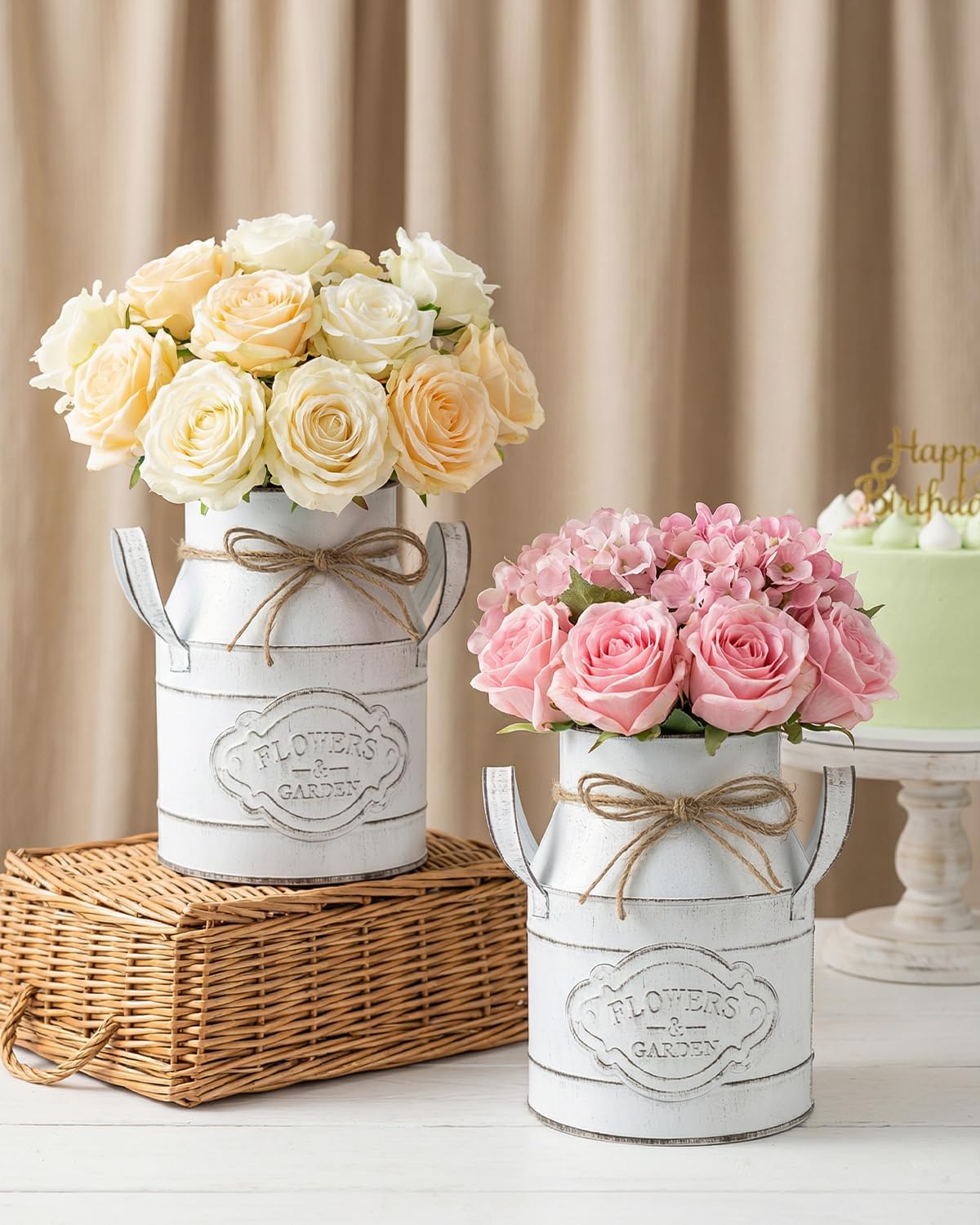 HAYVAN 4-Pack 6 Inch White Farmhouse Milk Jug Vase - Rustic Galvanized Metal Vase with Handle, Includes 4 Cards, Stickers & 1 Envelope for Baby Shower, Christmas Centerpiece