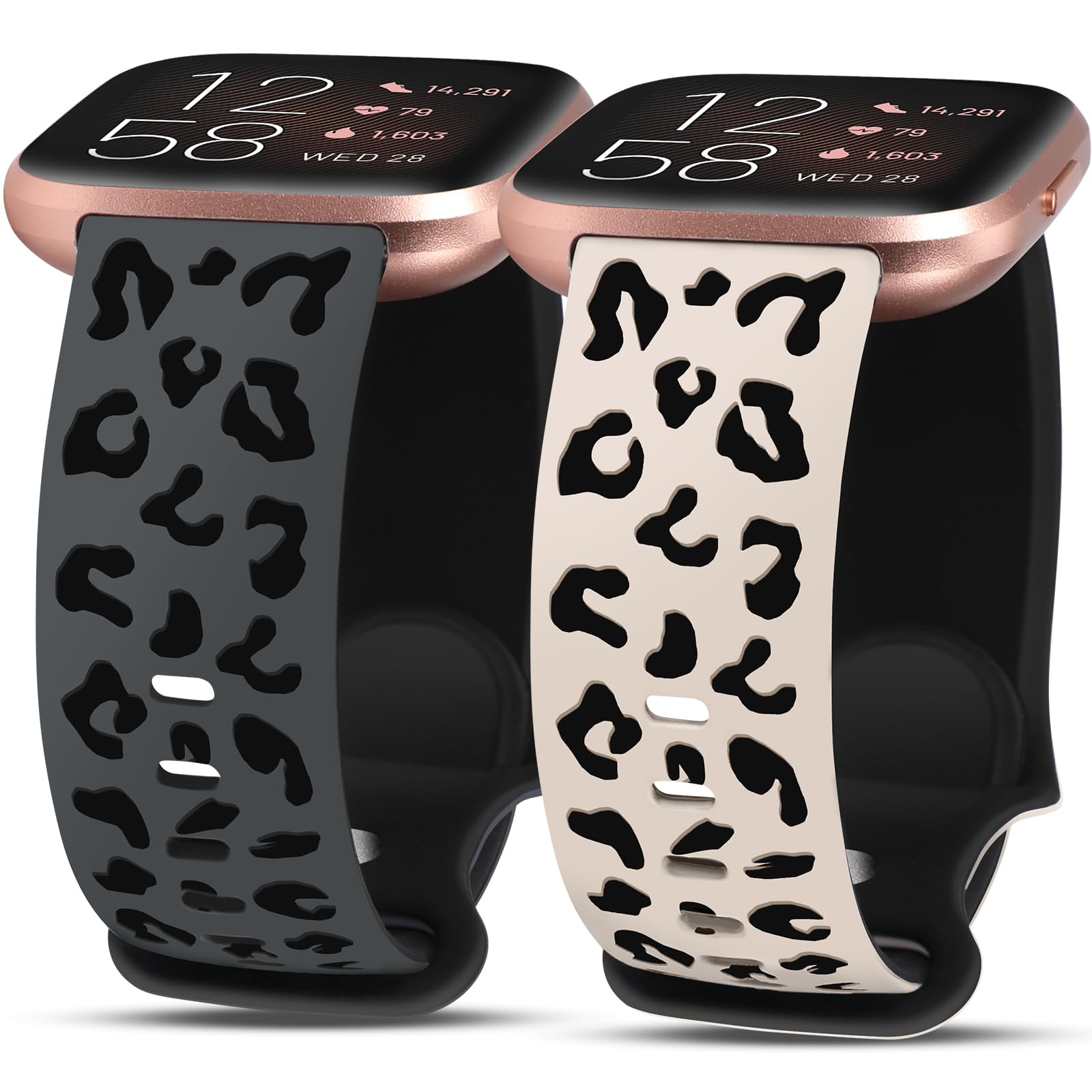 Minyee 2 Packs Leopard Engraved Band Compatible with Fitbit Versa 2/Fitbit Versa/Versa Lite Bands Women, Two-Tone Cheetah Soft Silicone Sport Designer