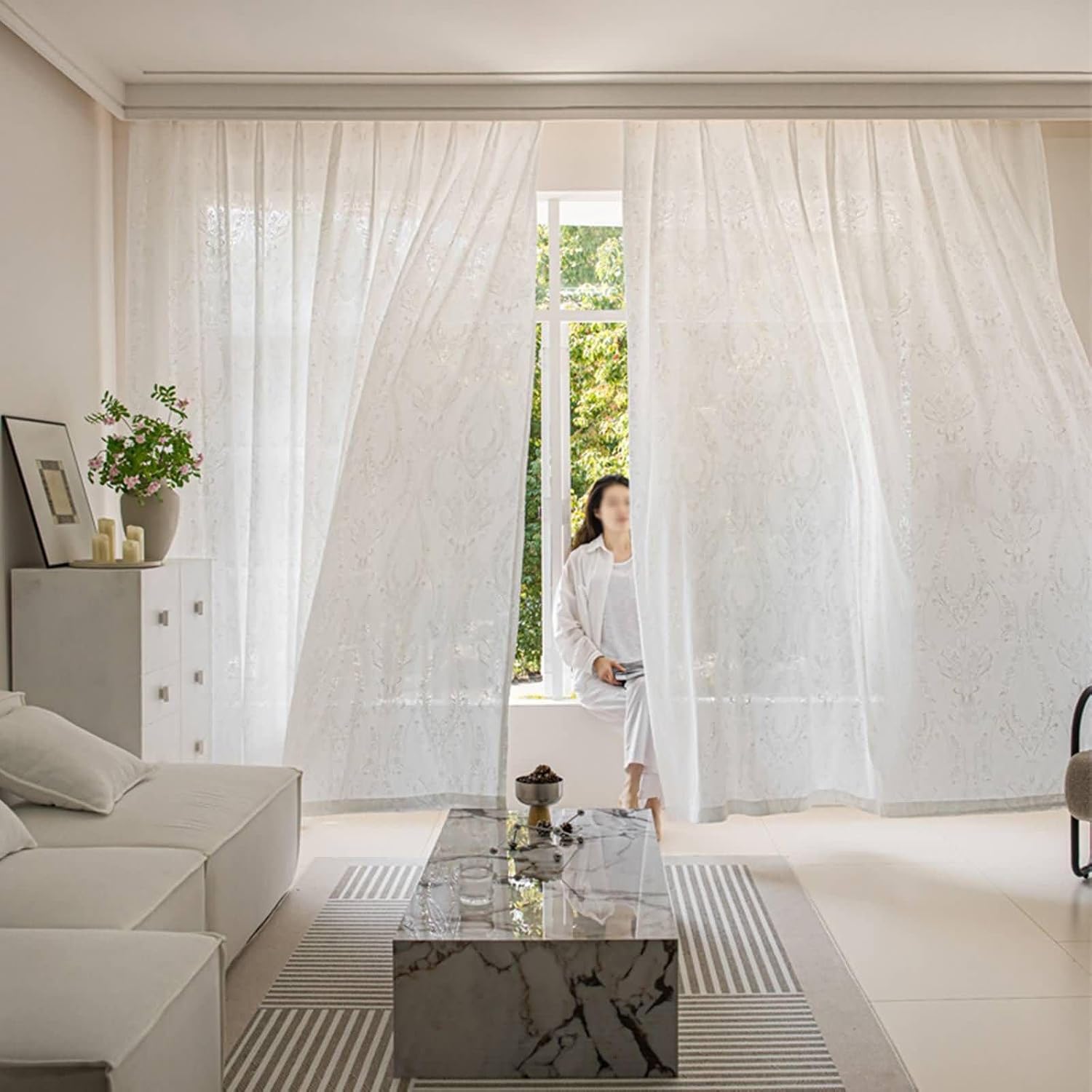 Daesar Living Room Curtains 2 Panel Sets 84 Inch Length, Eyelet Tulle Curtains Vintage Jacquard Flower Pattern Sheer Drapes Window Treatment for Home, Office, Bedroom, 52x84 Inch White