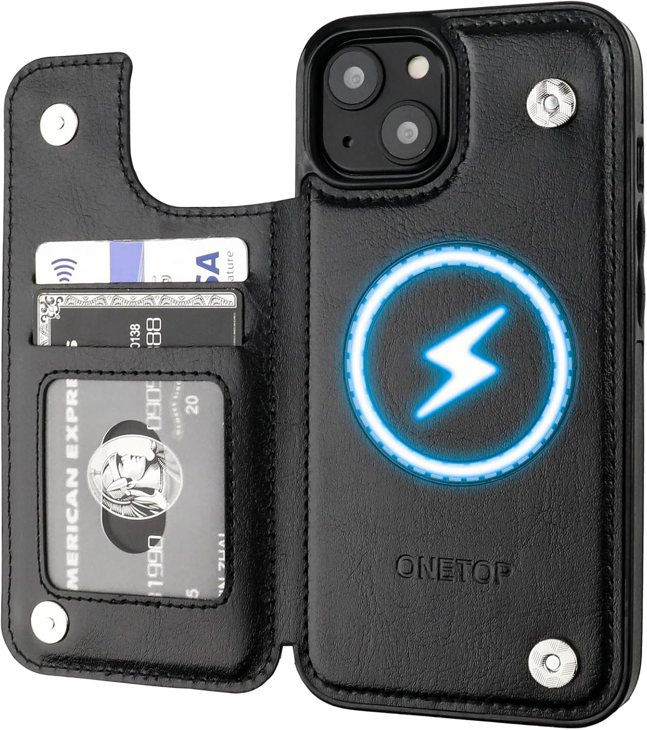 ONETOP Compatible with Magsafe for iPhone 13 Mini Wallet Case with Card Holder, PU Leather Kickstand RFID Blocking Case, Double Magnetic Clasp and Durable Shockproof Cover 5.4 Inch (Black)