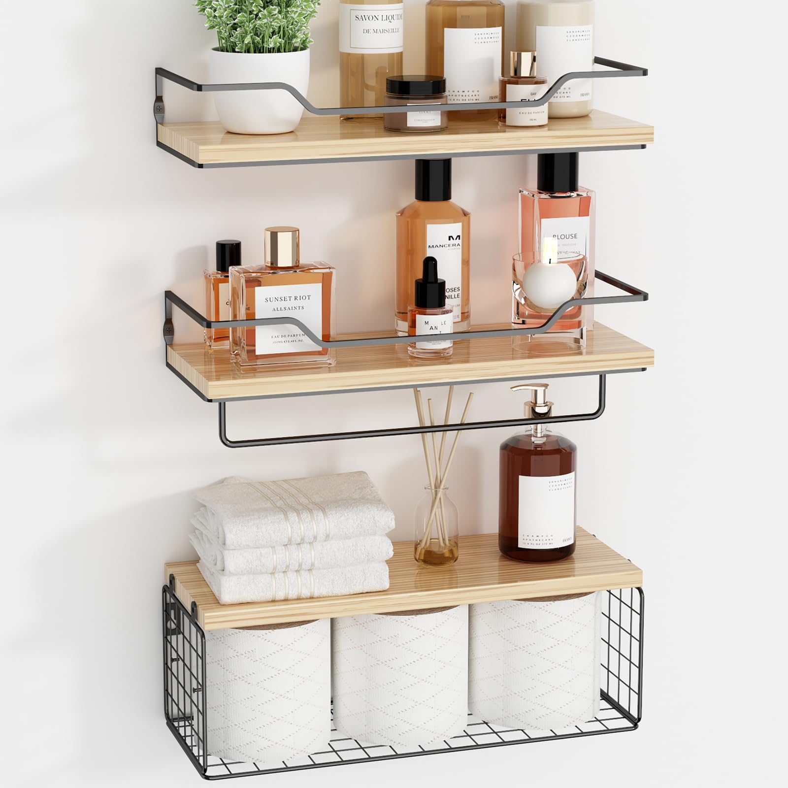 TACHWD Floating Shelves Wall Mounted,Wood Bathroom Shelf Over Toilet with Paper Storage Basket, Wall Decor Farmhouse Floating Shelf for Bedroom, Living Room, Kitchen,Office (Light Rustic)