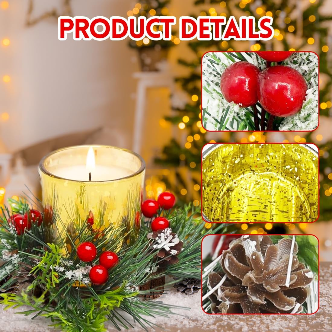 Tea Light Holder Christmas Lantern Glass Candle Holder, Set of 4 Tea Light Glasses Tea Light Glass Candle Jars Votive Candle Holder with Red Berries Pine Cones for Advent Christmas Table