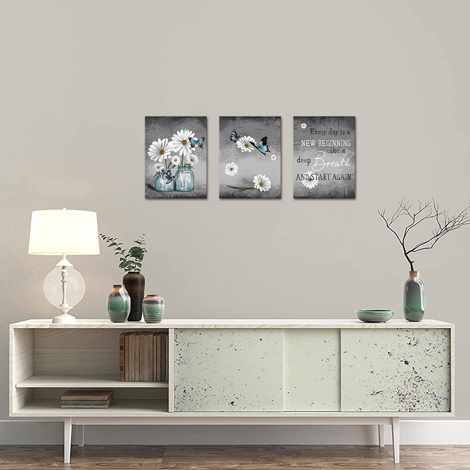 Biuteawal 3 Piece Daisy Wall Art Flower and Butterfly Painting Inspirational Quotes Canvas Print Picture Floral Artwork Framed for Home Kitchen Bedroom Bathroom Decor Grey Blue