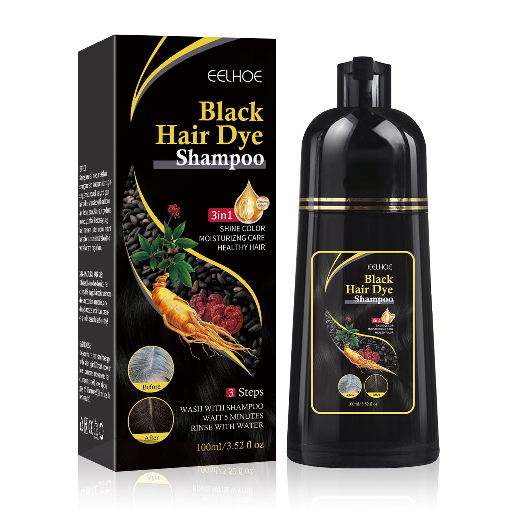 XiongWeiBlack Hair Dye Shampoo 3 in 1 for Men & Women,Instant Magic Hair Color Shampoo for Gray Hair Coverage,Natural Herbal Ingredients Long Lasting Color Shampoo Hair Dye 100ml