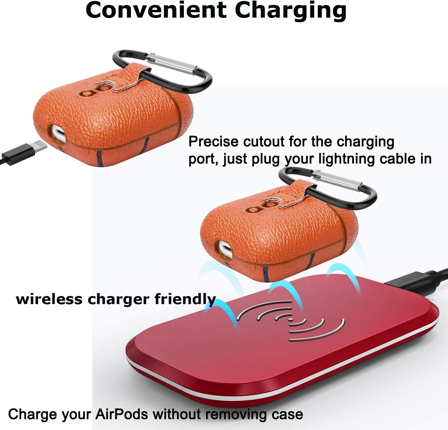 AirPods Case, Takfox Airpod Case Accessories Cover Protective Shockproof Scratch Resistance Leather Headphone Case with Carabiner/Keychain Skin for Apple Airpods 2 & AirPods 1 Charging Case-Basketball