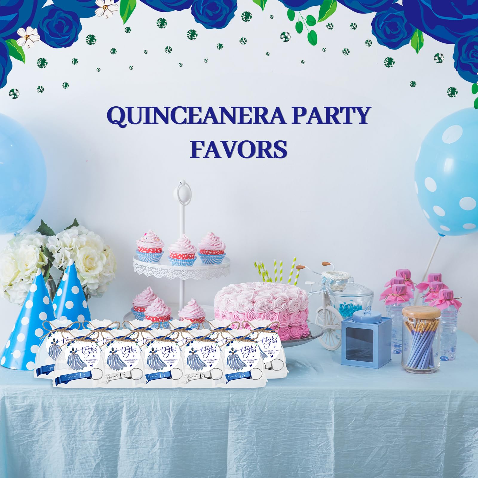 Dandat 50 Sets Quinceanera Party Favors for Guests Sweet 15 Bottle Opener Keychain with Thank You Cards Organza Bags Rope Quinceanera Gift for 15th Birthday Party Favor Guests (Blue,Silver)