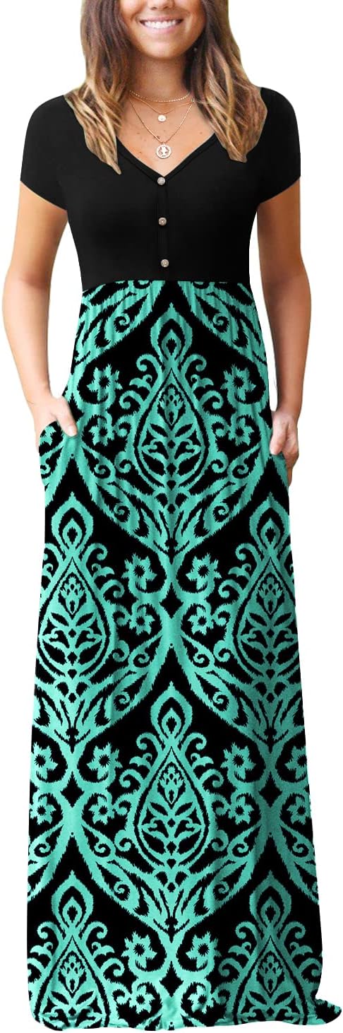 GRECERELLE Womens Long Maxi Dresses 2025 Short Sleeve V Neck Casual Summer Button Dress with Pockets
