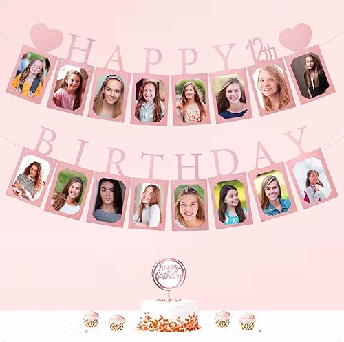 Miniatura 6 de Decoraciones y suministros de feliz cumpleaños número 12 para niñas, pancarta de fotos de cumpleaños de oro rosa para mujeres