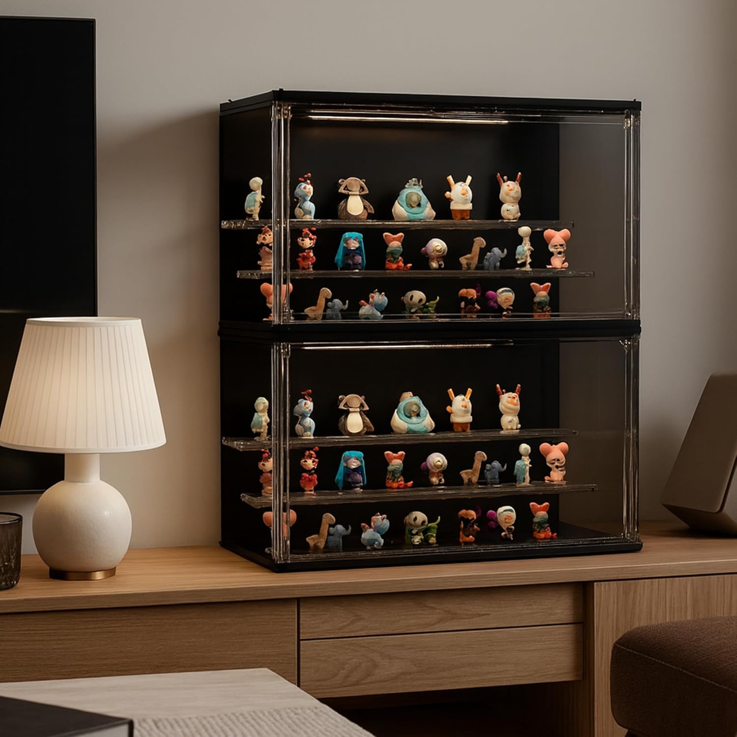 Clear Display Case for Collectibles, 3-Tier Stackable LED Figure Display Case with Magnetic Door, Adjustable Showcase for Models, Miniatures, Jewly (Black,2PCS)