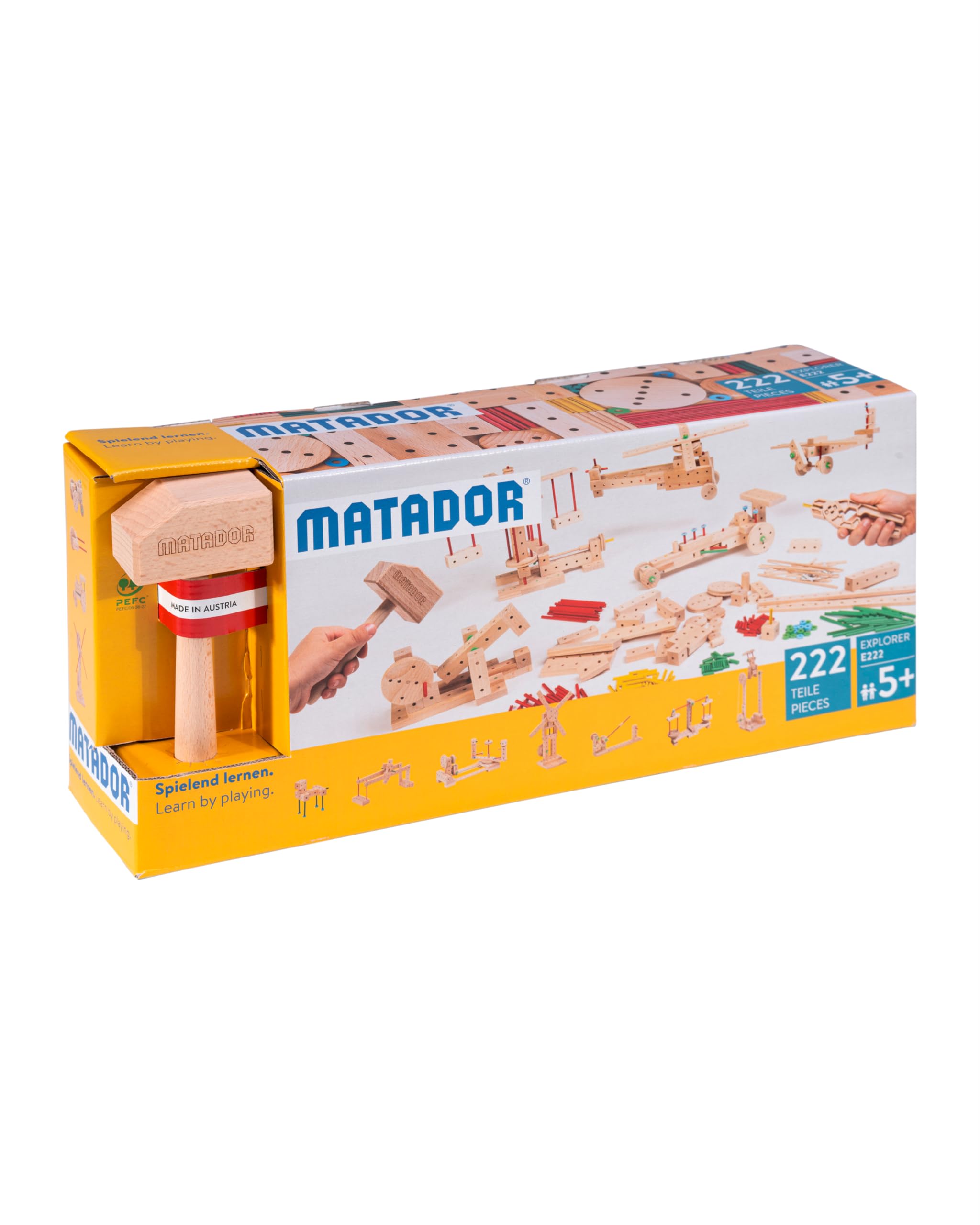 Matador Kinder Baukasten ab 5 Jahren 222-tlg. - Spannendes Holz Konstruktionsspielzeug zur Schulung von Kreativität und Feinmotorik, Bauspielzeug mit Stäbchen, Klötzen, Hammer & Zange