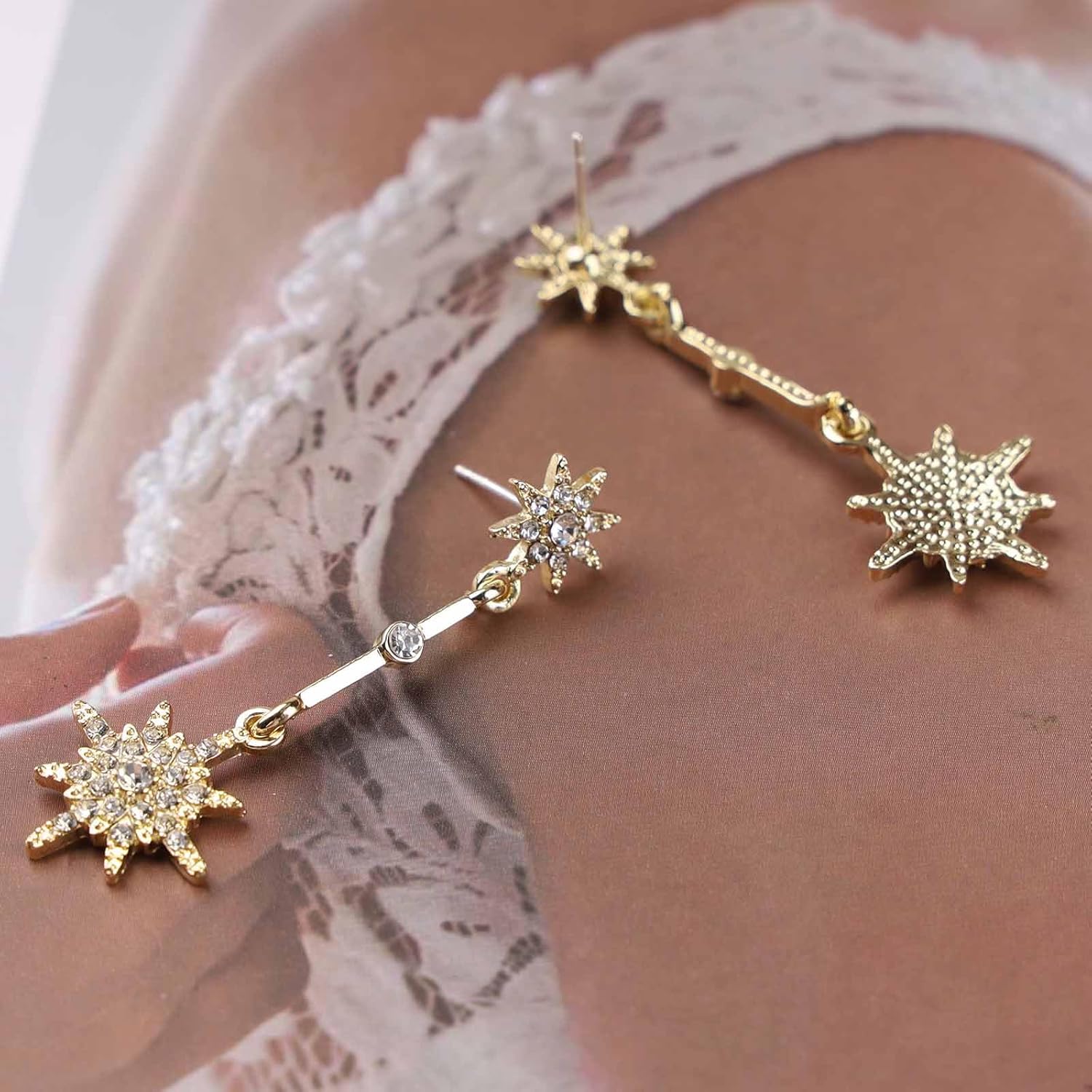 Boho Crystal North Star Earrings Gold Cz Star Drop Earrings Long Northstar Dangle Earrings Rhinestone Starburst Earring Jewelry for Women - Image 4