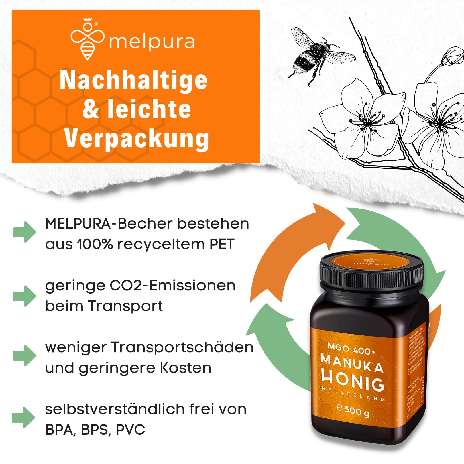 MELPURA Manuka Honig MGO 400+ 500g aus Neuseeland zertifiziert natürlicher Methylglyoxal-Gehalt