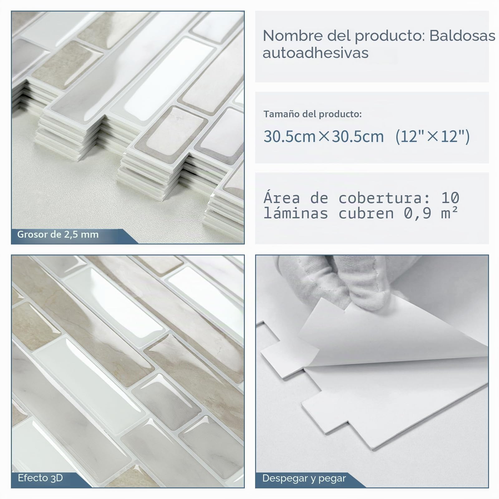 Autocolantes Azulejos Adhesivas Cocina 3D Baldosas Adhesivas Pared Beige (10-Piezas,30.5 x 30.5cm)