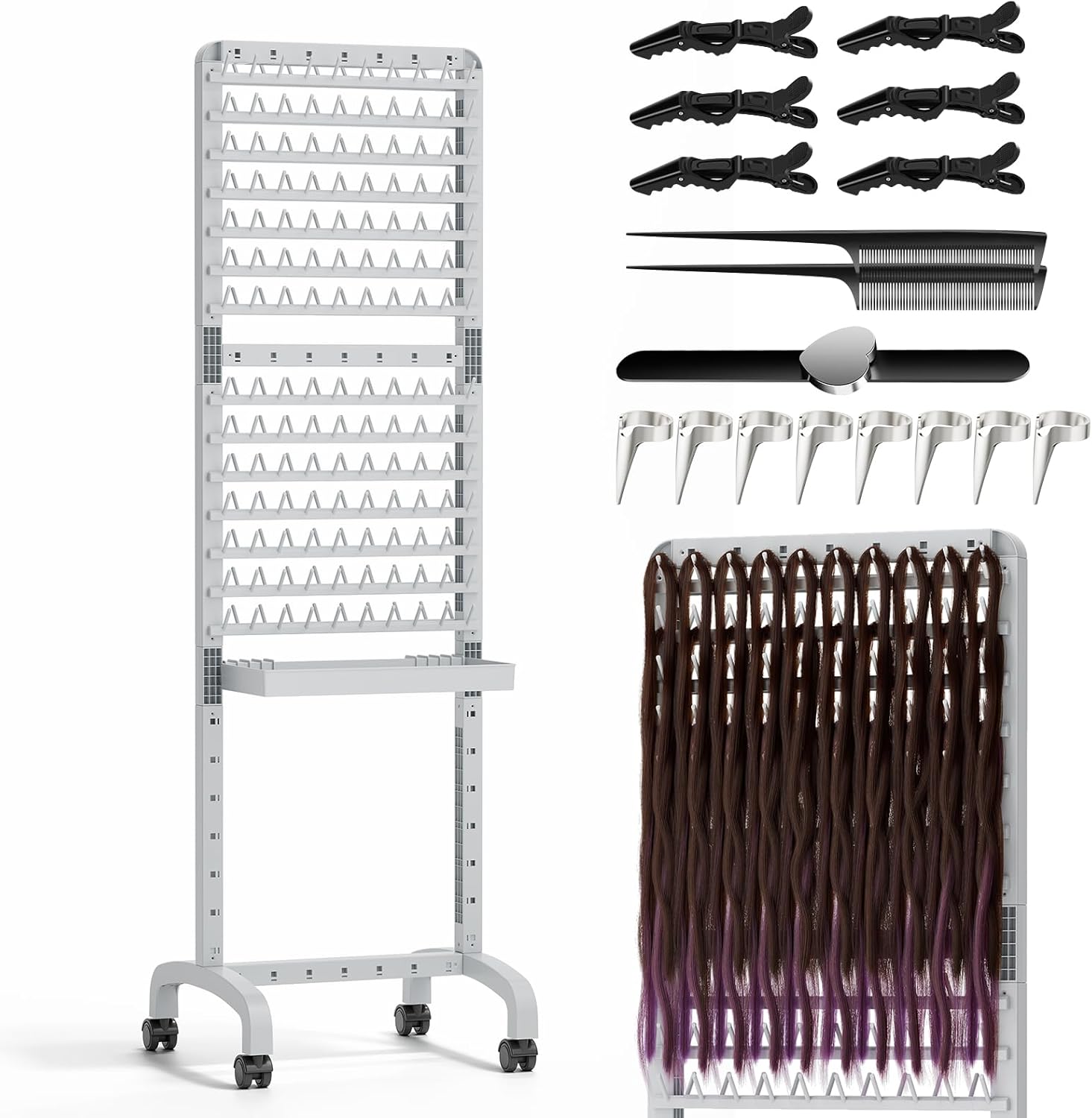 280 Pegs Braiding Hair Rack with Tray and Tools, Height Adjustable, 2-Side Braid Rack with Wheels, Standing Braider Hair Stand Separator Extension Holder Perm Accessories for Salon Home