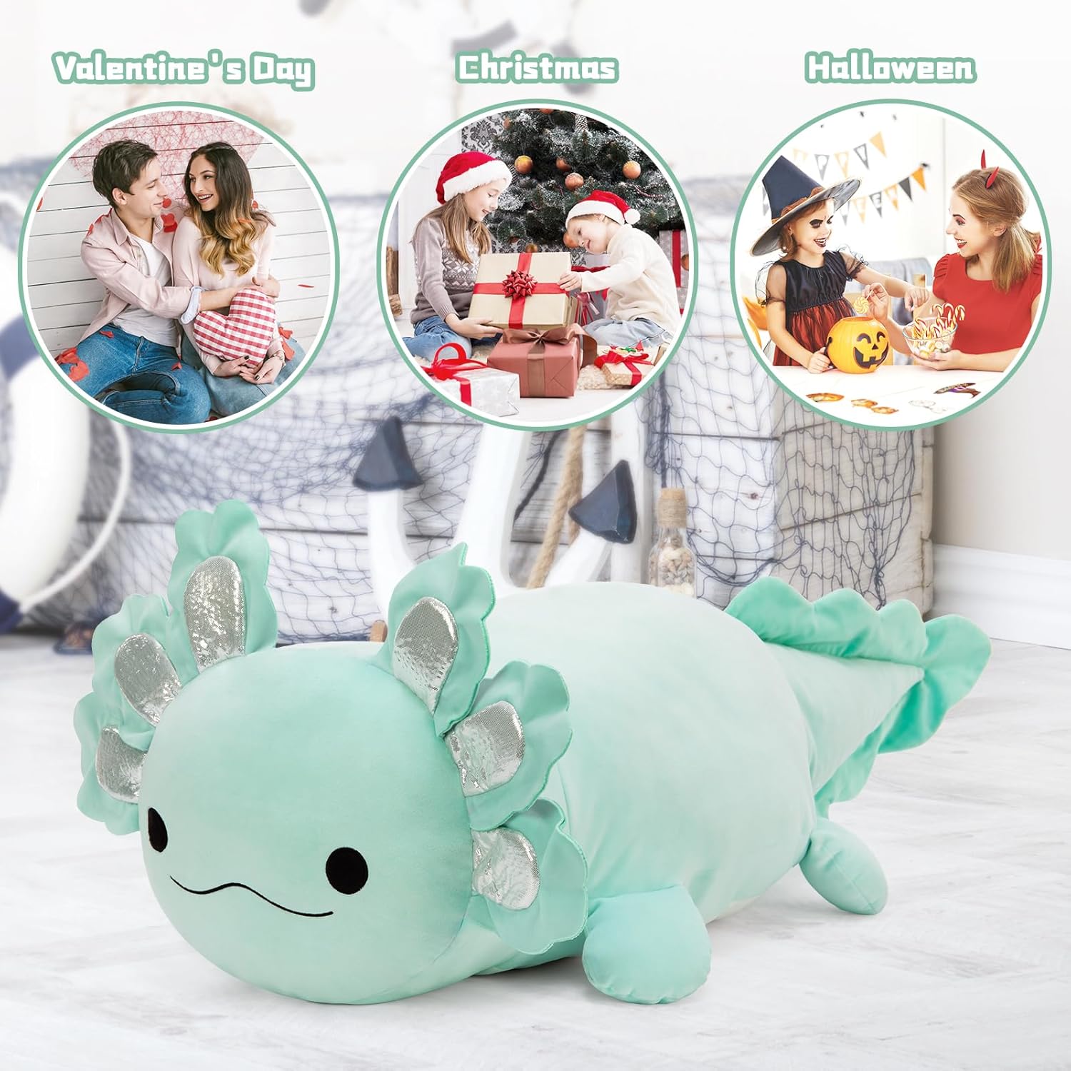Large Axolotl Plush Toy, 39" Giant Mint Axolotl Stuffed Animal Plush, Big Huggable Toys Gift for Girls Kids, Long Squishy Pillow for Holiday Birthday Christmas