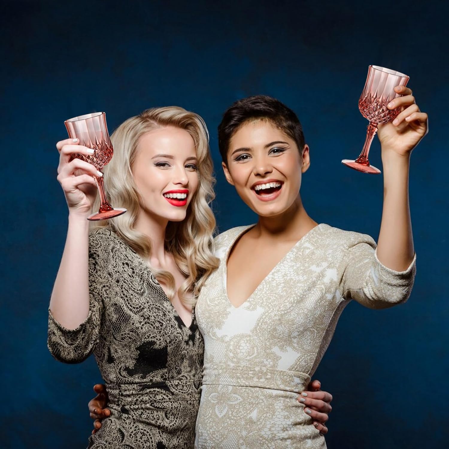 XUWAIDSGN 7oz Plastic Vintage Rose Gold Drinking Glasses Pink Wine Glasses Unbreakable Wedding Glassware Crystal Water Goblets Reusable Drinkware Vintage Champagne Flutes (16, Rose Gold) - Image 8