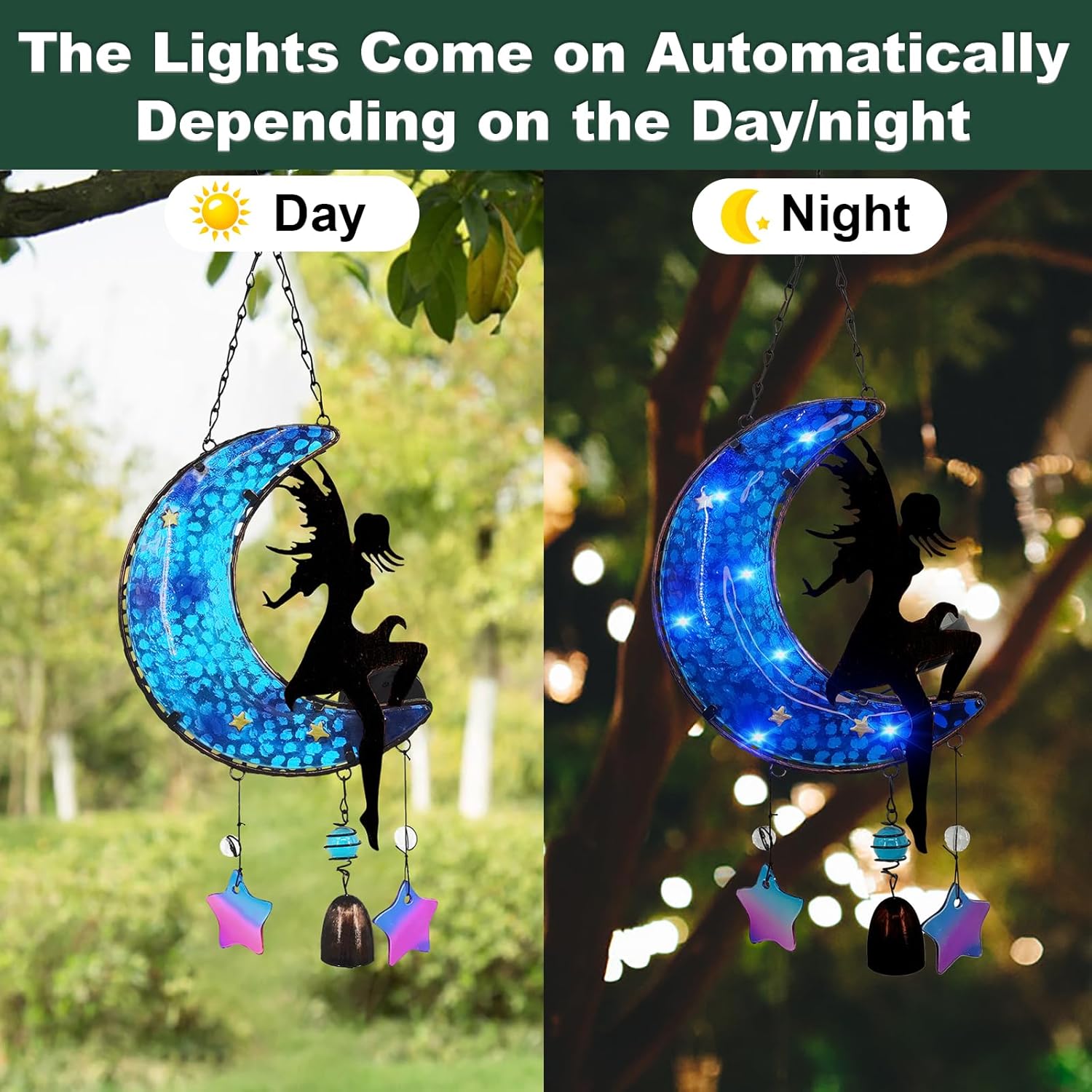 Memorial Wind Chimes Solar Hanging Glass Moon Lights Metal Fairy Angel Outdoor Wind Chimes for Mom Loved One Gifts