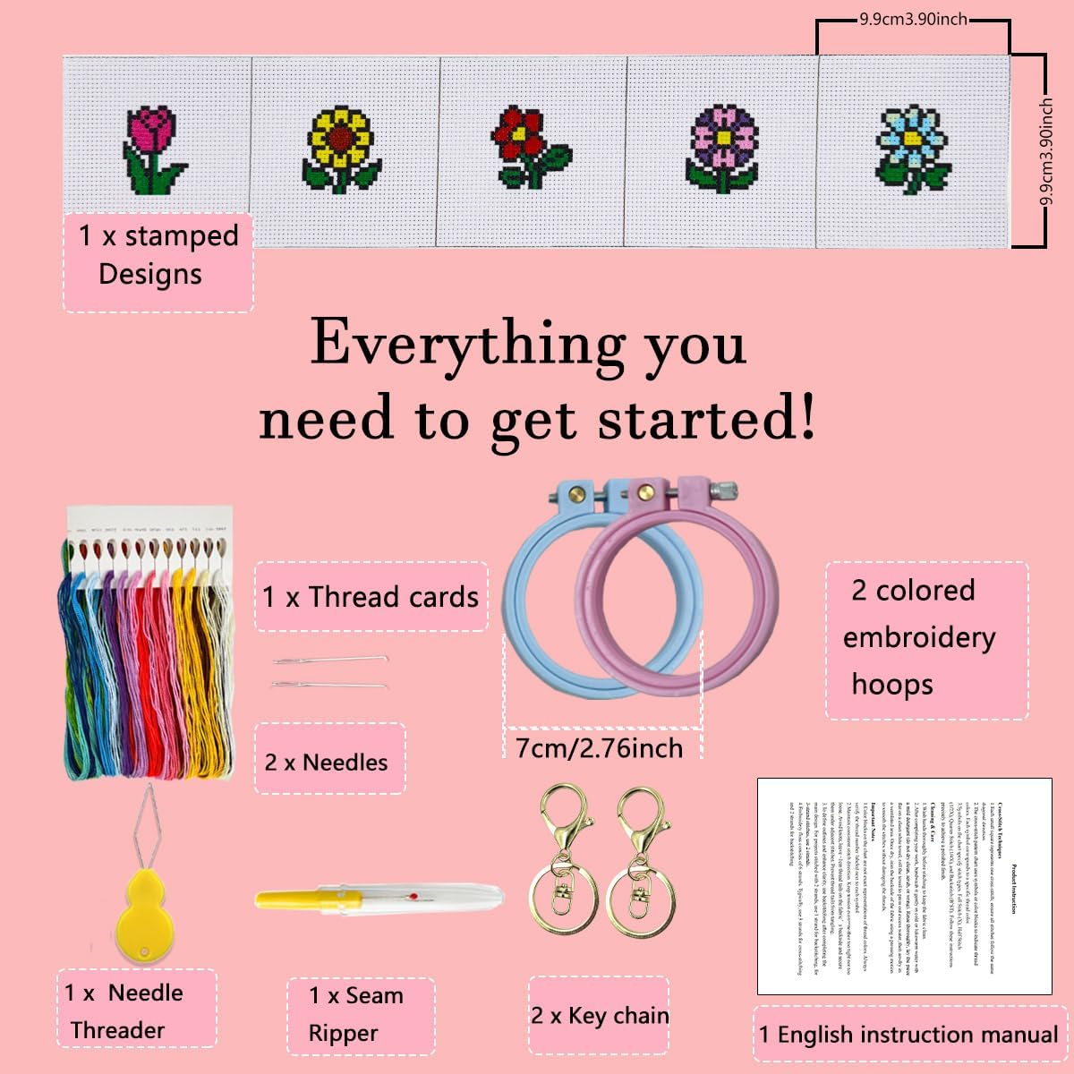 Zhenqing 5 Patterns Mini Cross Stitch Keychain Kit, DIY Flower Embroidery Keychain Set with Dual-Function Hoops, Pre-Printed Fabric & Complete Tools for Beginners(70649)