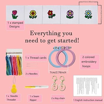Zhenqing 5 Patterns Mini Cross Stitch Keychain Kit, DIY Flower Embroidery Keychain Set with Dual-Function Hoops, Pre-Printed Fabric & Complete Tools for Beginners(70649)