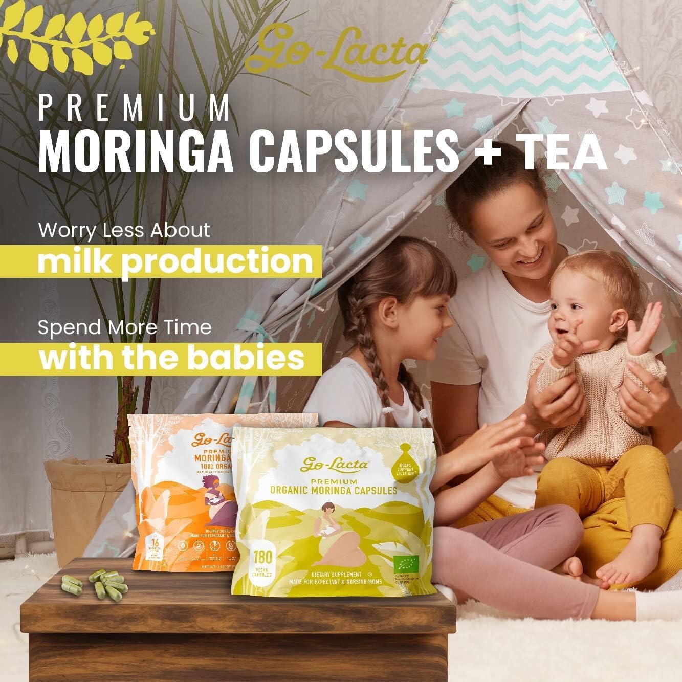 Go-Lacta® Organic Moringa Capsules and Tea Breastfeeding Bundle - 180 Capsules and 16 Tea Bags - Pure Premium Postnatal Vitamins for Breastfeeding Moms - Organic Moringa Tea Bags