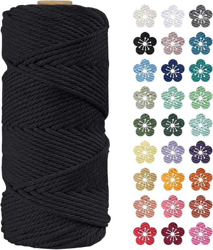 Macrame Rope 4mm x 100m Macrame Cord 4mm Natural Cotton Cord 4 Strands Colorful Twine Cord for Crochet Bags, DIY Decorations, Wall Tapestry, Baskets (Black)