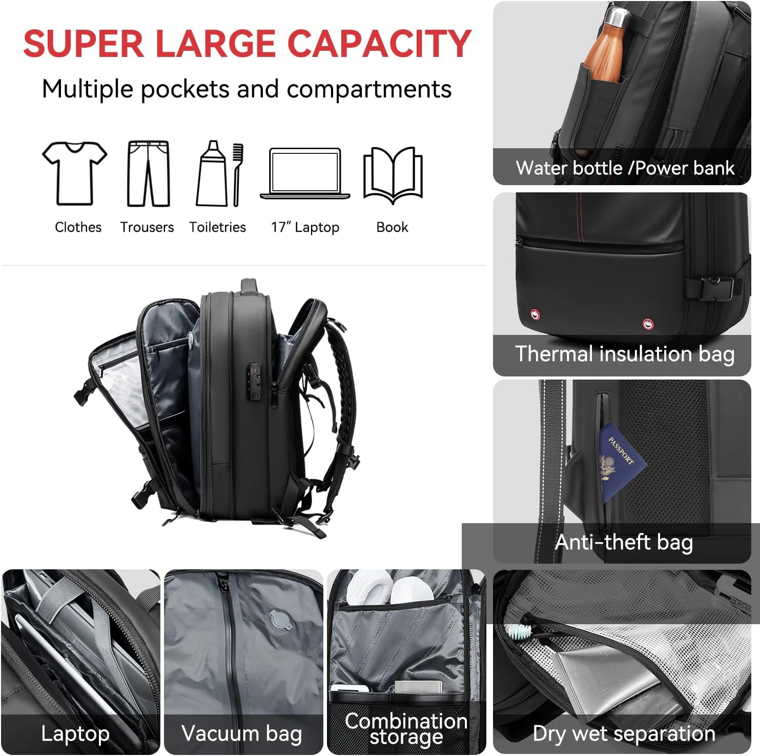 Fiordpack Vacuum Backpack Travel (External Pump, 60L), TSA Lock, Expandable Vacuum Seal Compression Travel Backpack for 17" Laptop, Airline Approved - Image 4