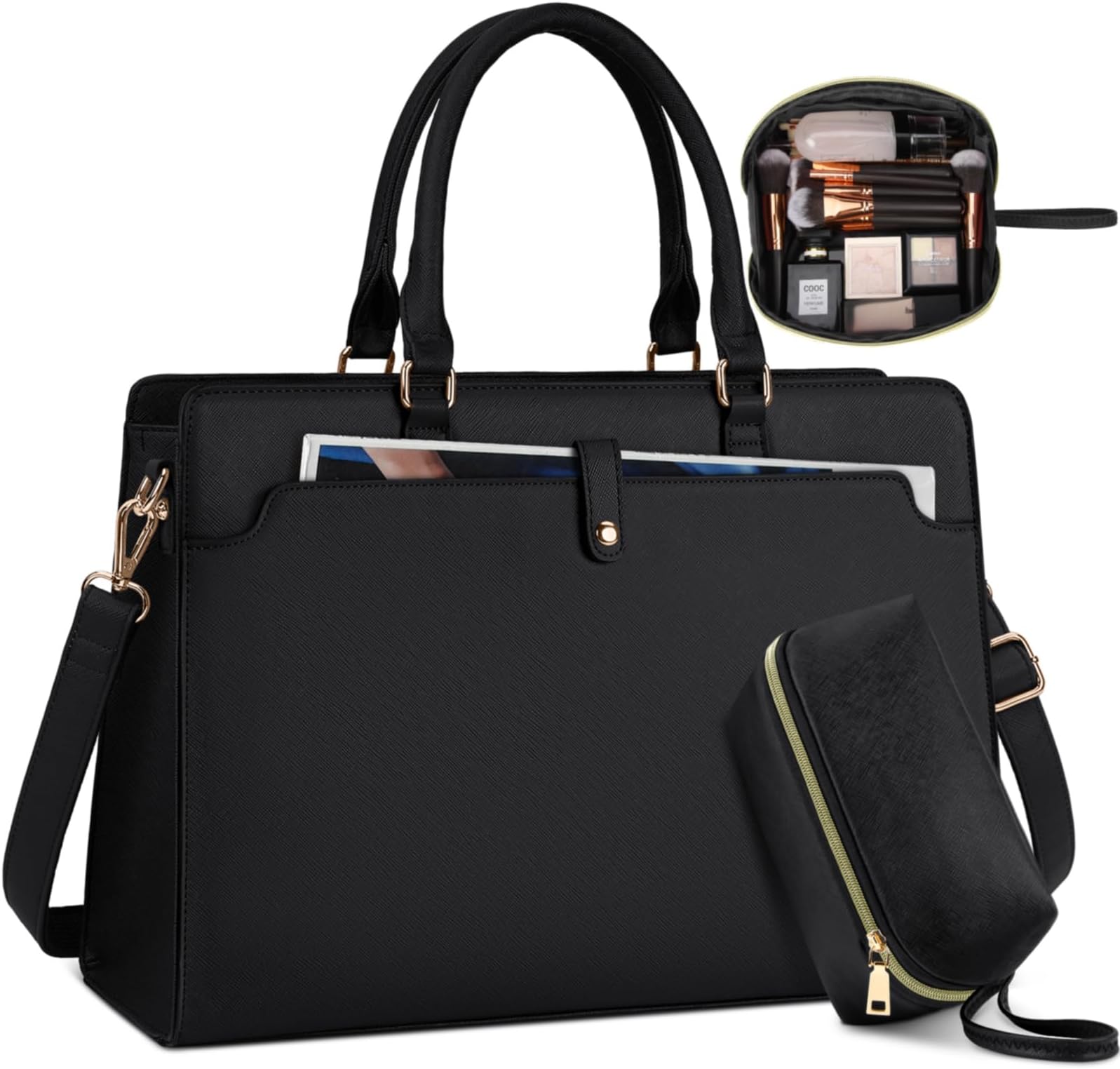 RAINSMORE Laptop Bag for Women 15.6 Inch Laptop Tote Bag Leather Work Bag Waterproof Womens Briefcase Business Office Computer Tote Bag Large Capacity Handbag Shoulder Bag 2pcs Black
