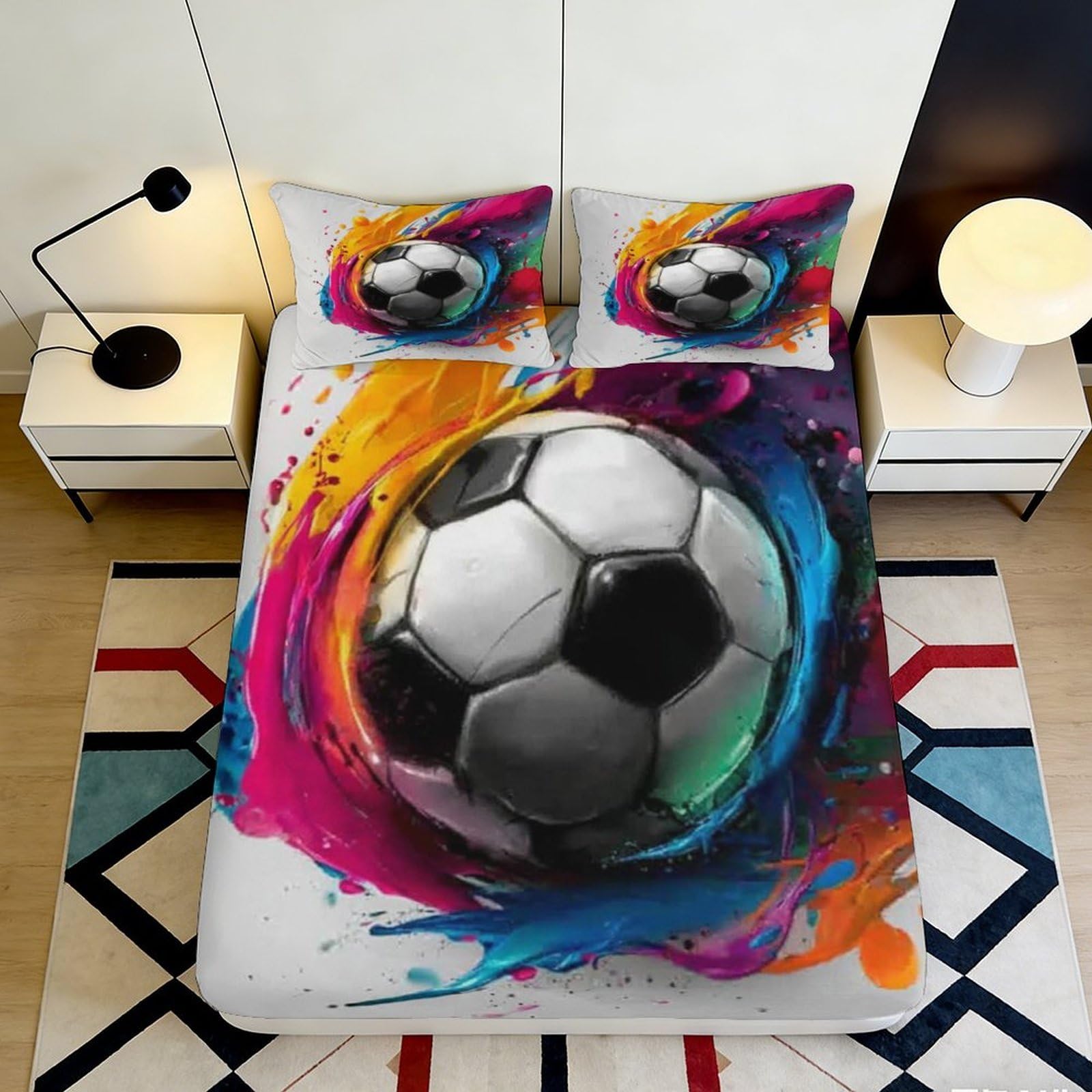 3D Printed Colorful Soccer Fitted Sheet Microfiber Bedding Set, Splash Ball Bed Cover for Bedroom Dorm Mattress Protection 120x200x25cm