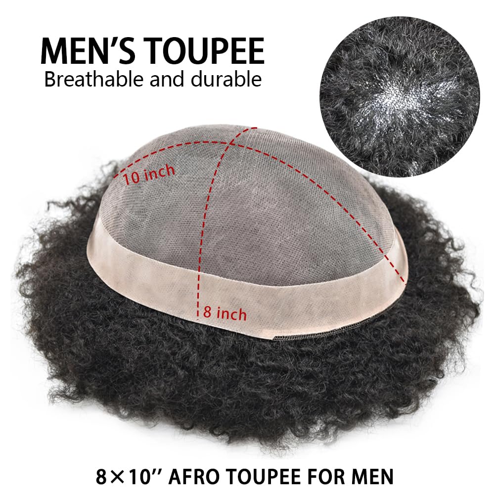 Generic Afro Curly Hair Units for Black Men Fine Mono Afro Curl Wavy Hair Unit Human Hair Replacement System African American Men Hairpiece 8X10-6MM Afro Wave#1B Off Black