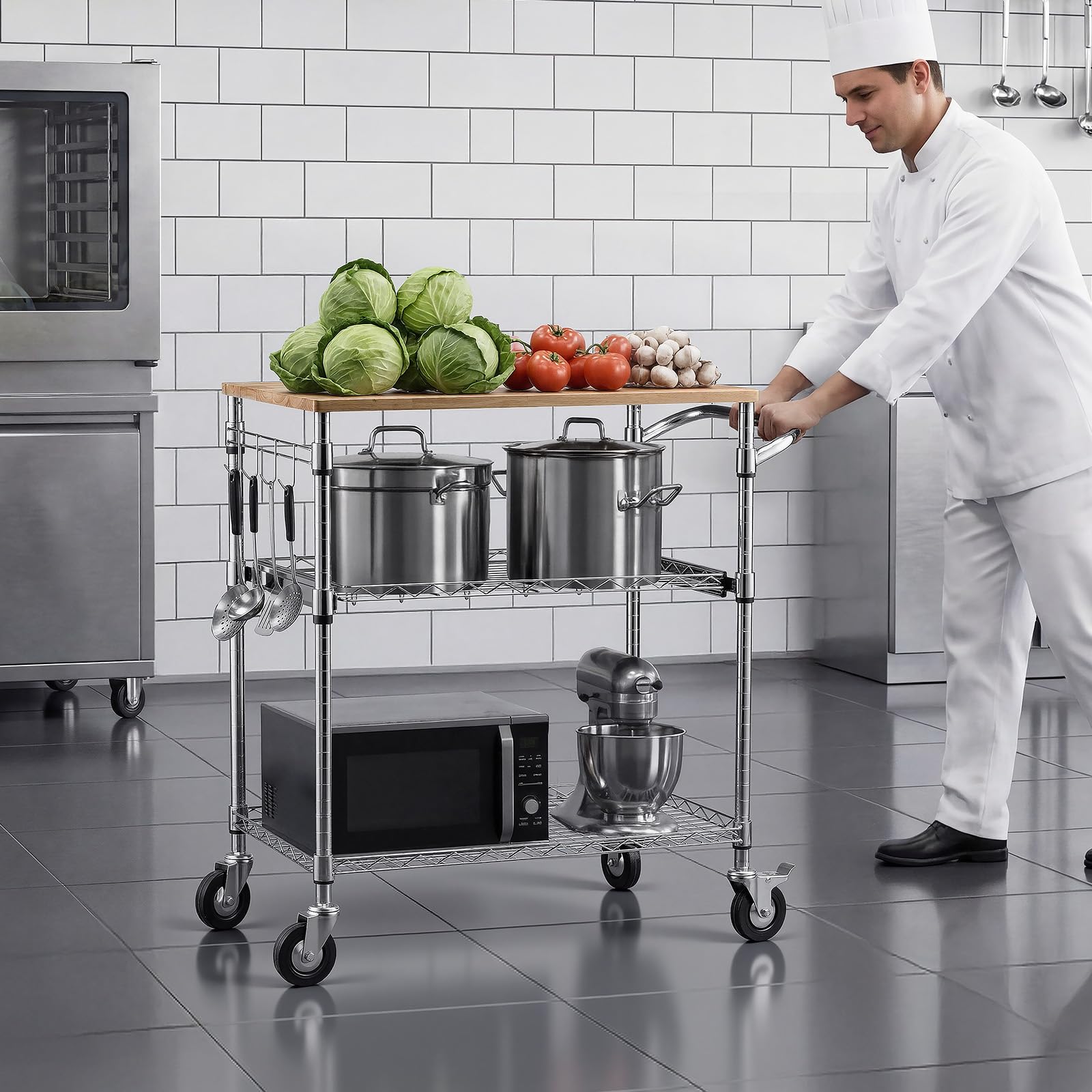 VEVOR Carrito de Cocina de 3 Niveles con Tapa de Madera, Estante de Almacenaje Ajustable, Carrito Auxiliar con Ruedas Giratorias y Asa, Carro de Servicio para Garaje, Lavadero, 76,2 x 45,7 x 91,4 cm