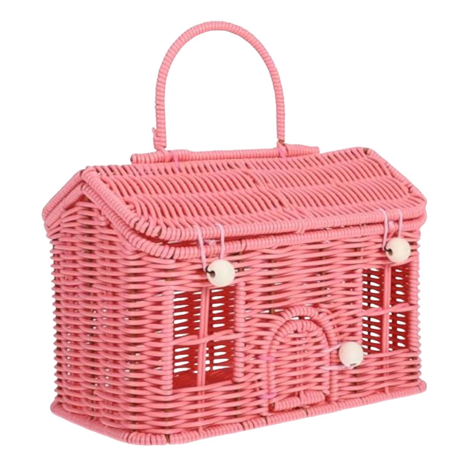 Wicker Basket Vintage House Shape Portable Organizers - Hand Woven Toy Storage Basket With Lid For Bathroom Pantry Laundry Nursery Toy Toiletries Camping Wedding Picnic Beach
