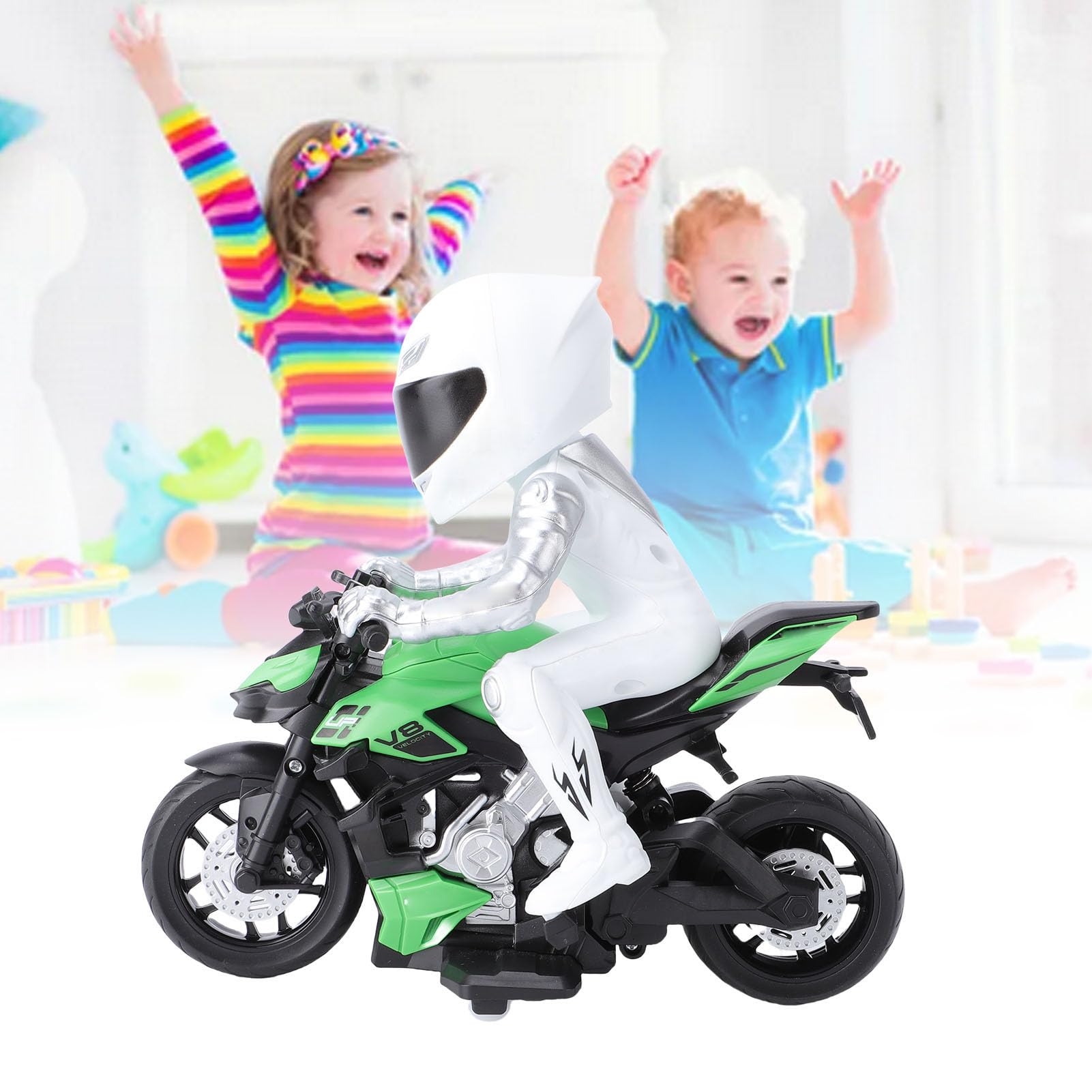 Moto Télécommandée, Moto RC Haute Vitesse Cascade avec Figurine, Effets Lumineux RGB et Moteur électrique, Jouets Rechargeables pour Enfants de 4 à 12 Ans (Green)