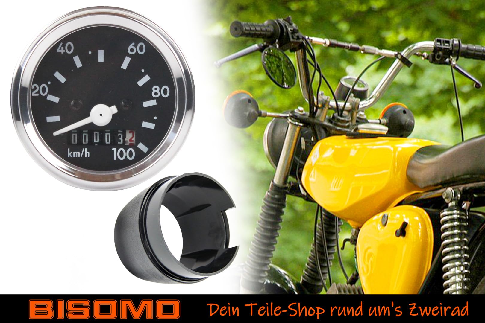 Tacho Set, Tachometer 100km/h Ø 60mm mit Chromring Blinkkontrolle + Tachohülle für Simson S50 S51 S53 S70 S83 109
